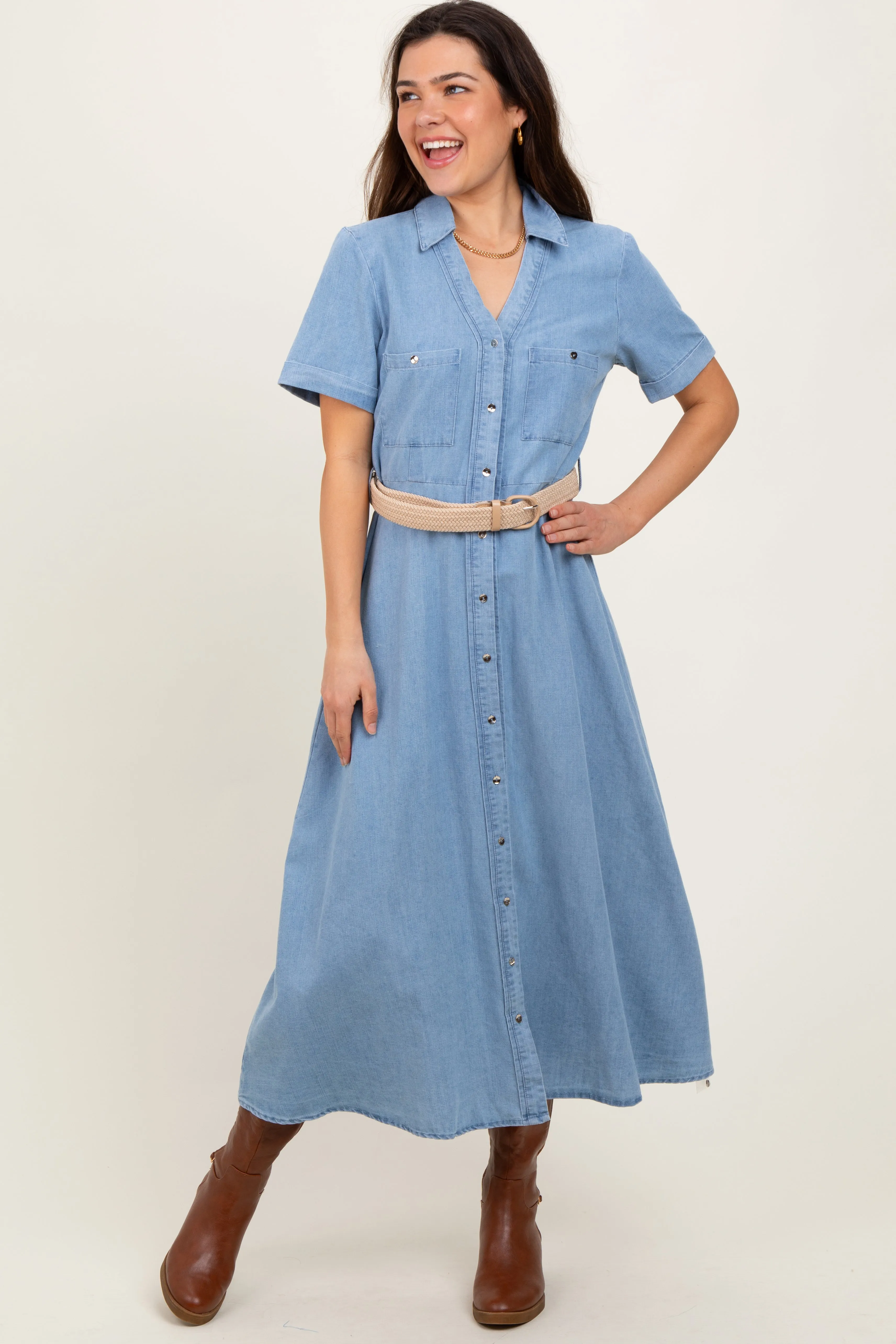 Light Blue Chambray Button Down Midi Shirt Dress sold by Pinkblush product image thumbnail 2