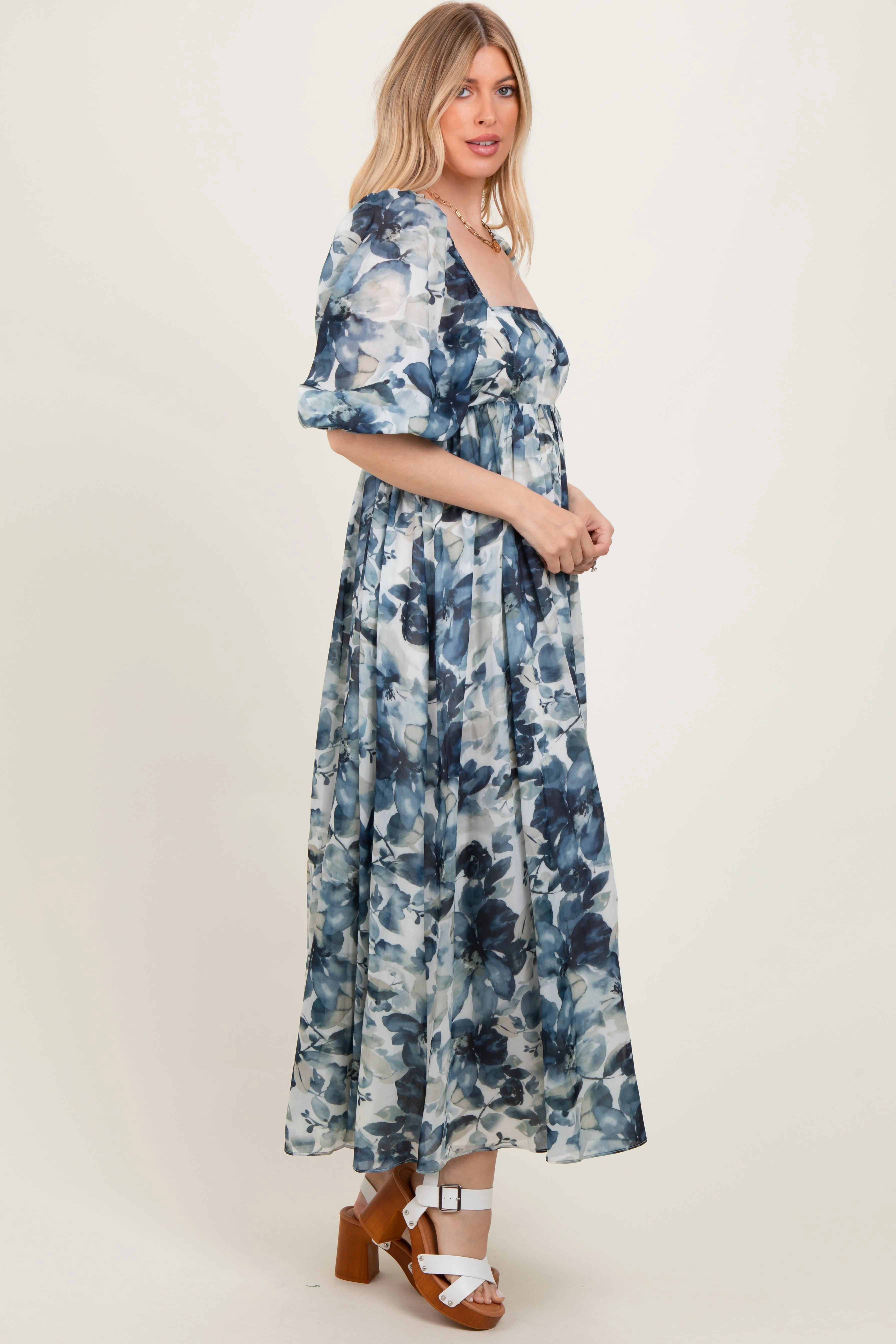 Navy Floral 3/4 Puff Sleeve Maxi Dress sold by Pinkblush product image thumbnail 2