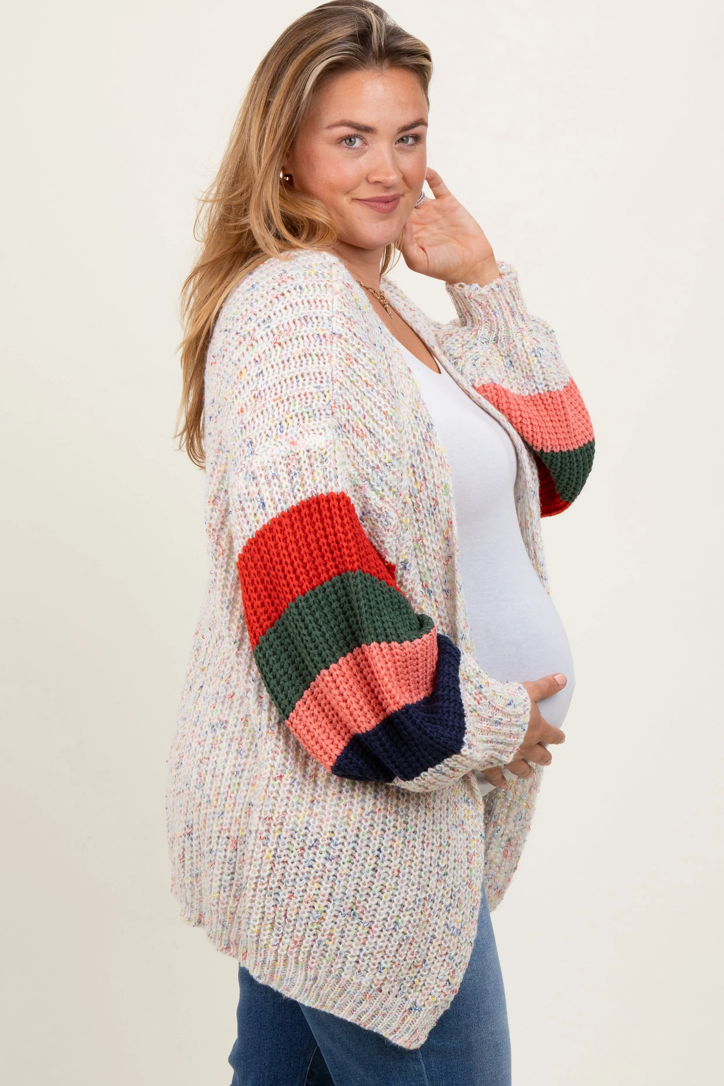 Ivory Colorblock Sleeve Chunky Maternity Plus Cardigan sold by Pinkblush product image thumbnail 2