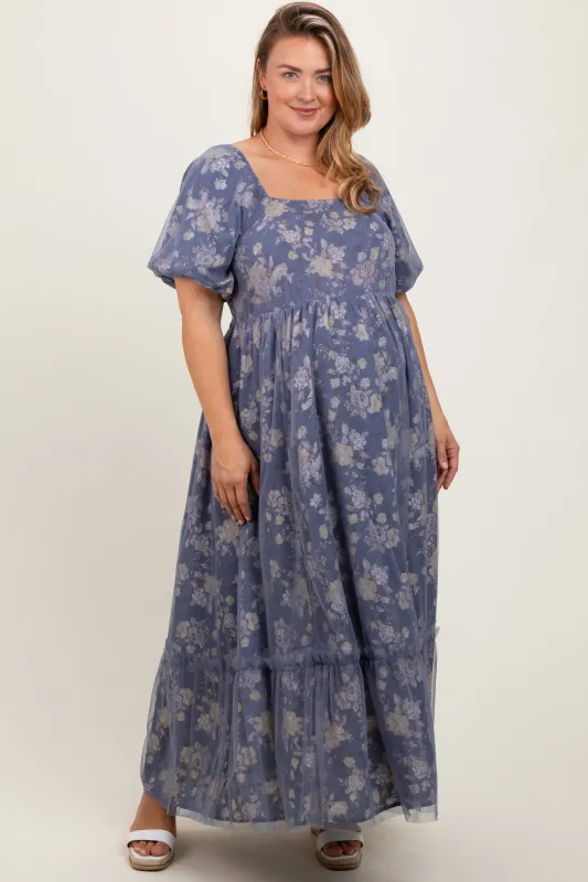 Navy Floral Mesh Square Neck Short Puff Sleeve Maternity Plus Midi Dress sold by Pinkblush