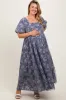 Navy Floral Mesh Square Neck Short Puff Sleeve Maternity Plus Midi Dress sold by Pinkblush