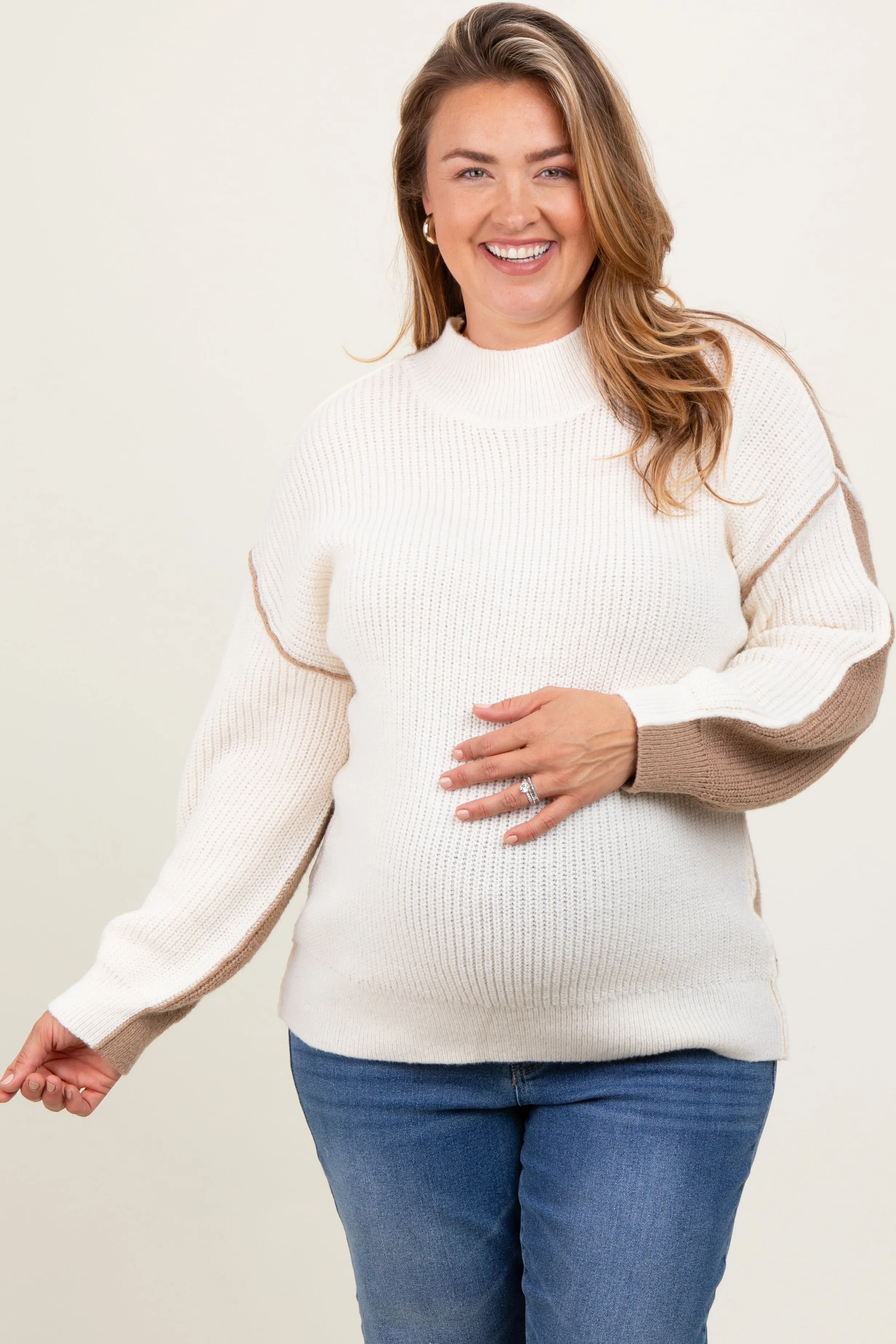 Ivory Mock Neck Colorblock Maternity Plus Sweater sold by Pinkblush