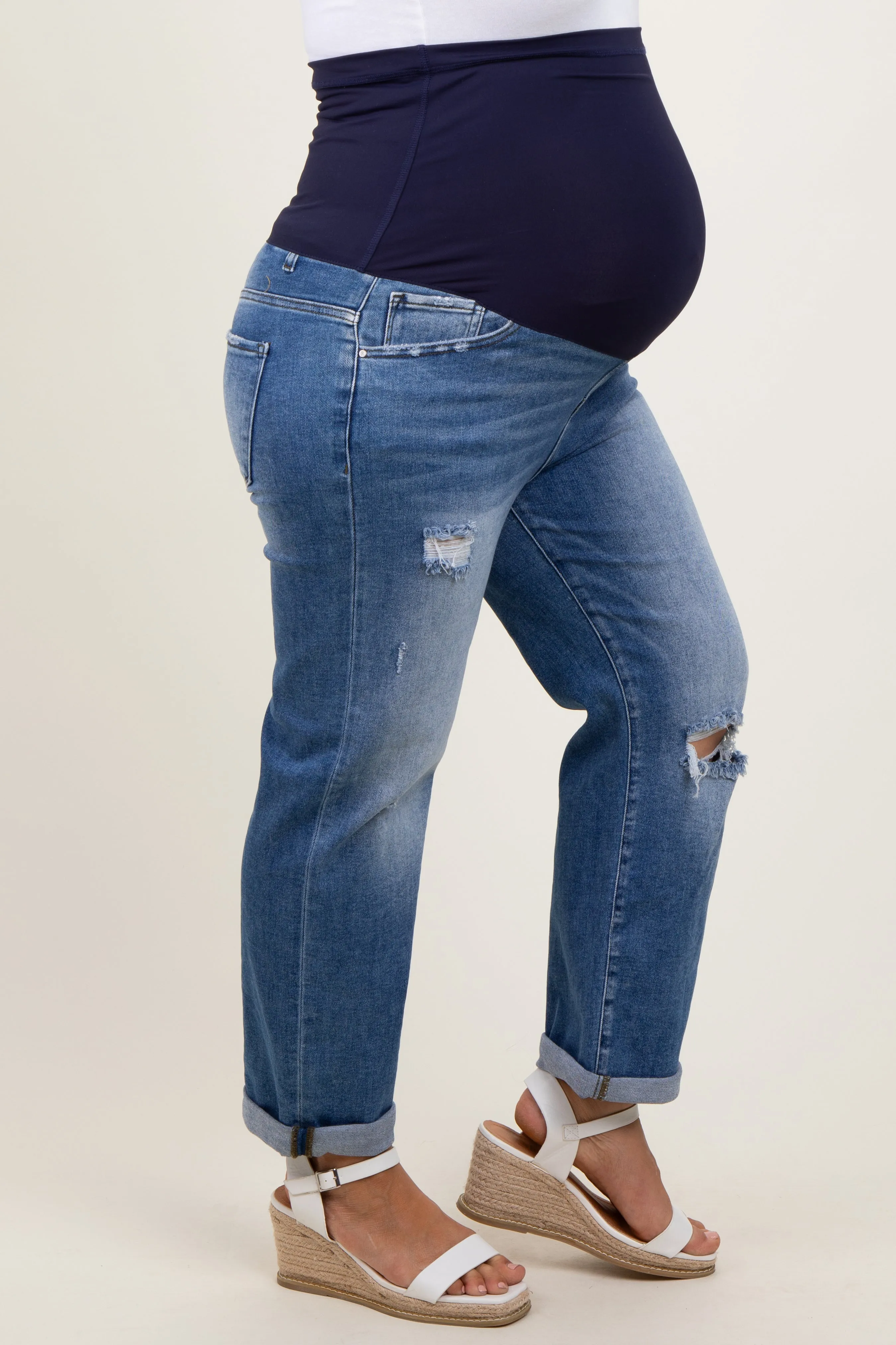 Navy Rolled Hem Distressed Straight Leg Maternity Plus Jeans sold by Pinkblush product image thumbnail 4