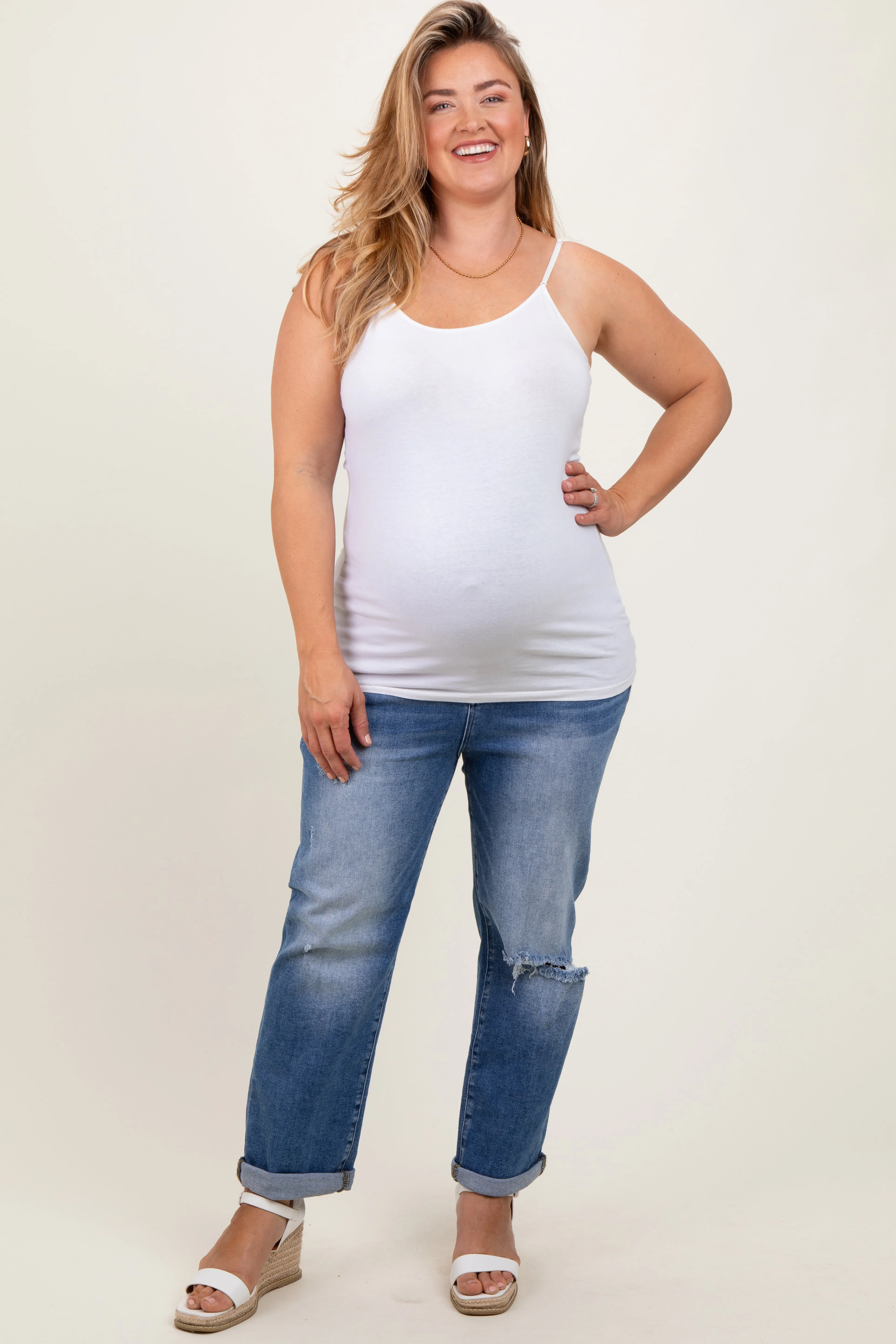 Navy Rolled Hem Distressed Straight Leg Maternity Plus Jeans sold by Pinkblush product image thumbnail 2
