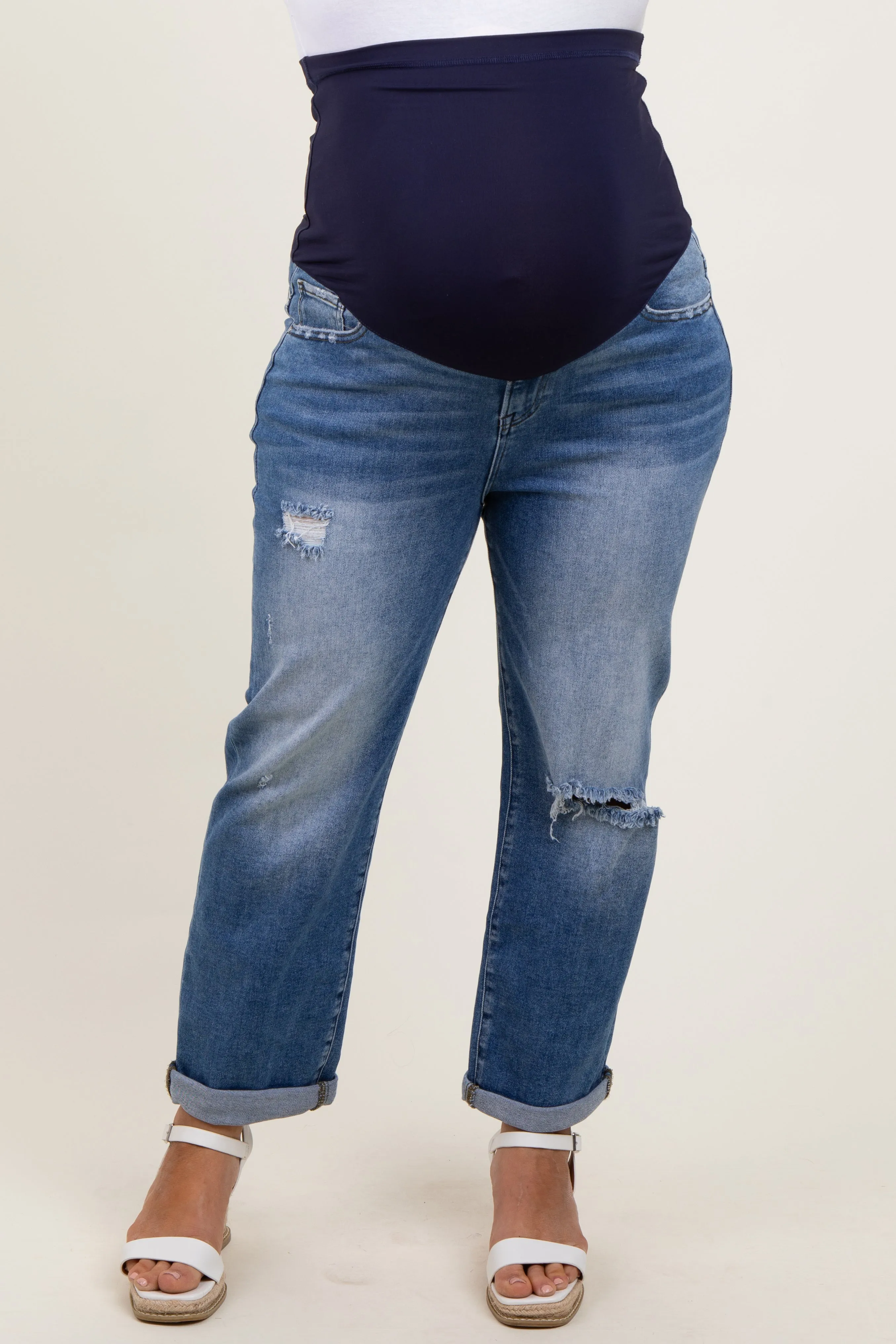 Navy Rolled Hem Distressed Straight Leg Maternity Plus Jeans sold by Pinkblush product image thumbnail 3