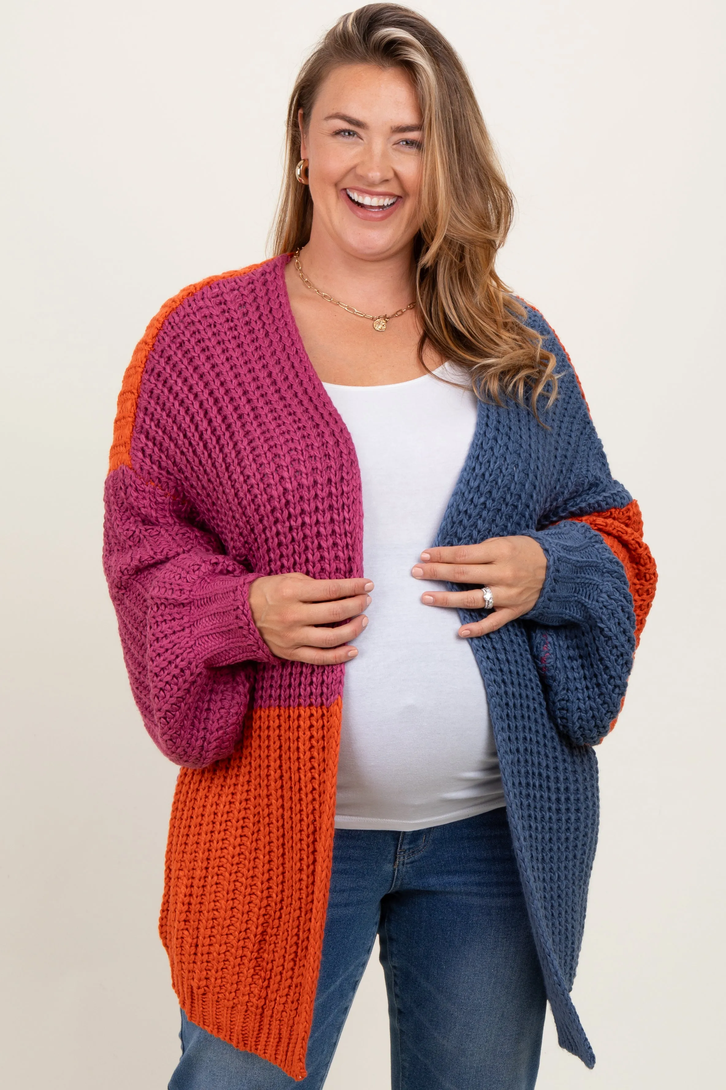 Magenta Colorblock Bubble Sleeve Maternity Plus Cardigan sold by Pinkblush