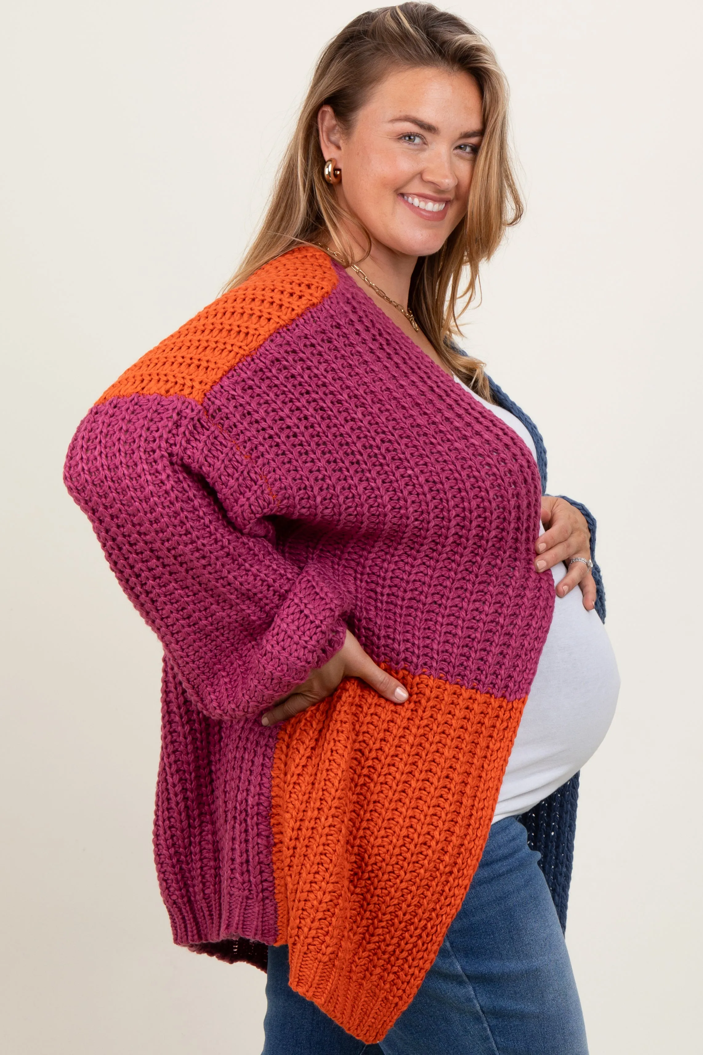 Magenta Colorblock Bubble Sleeve Maternity Plus Cardigan sold by Pinkblush product image thumbnail 2