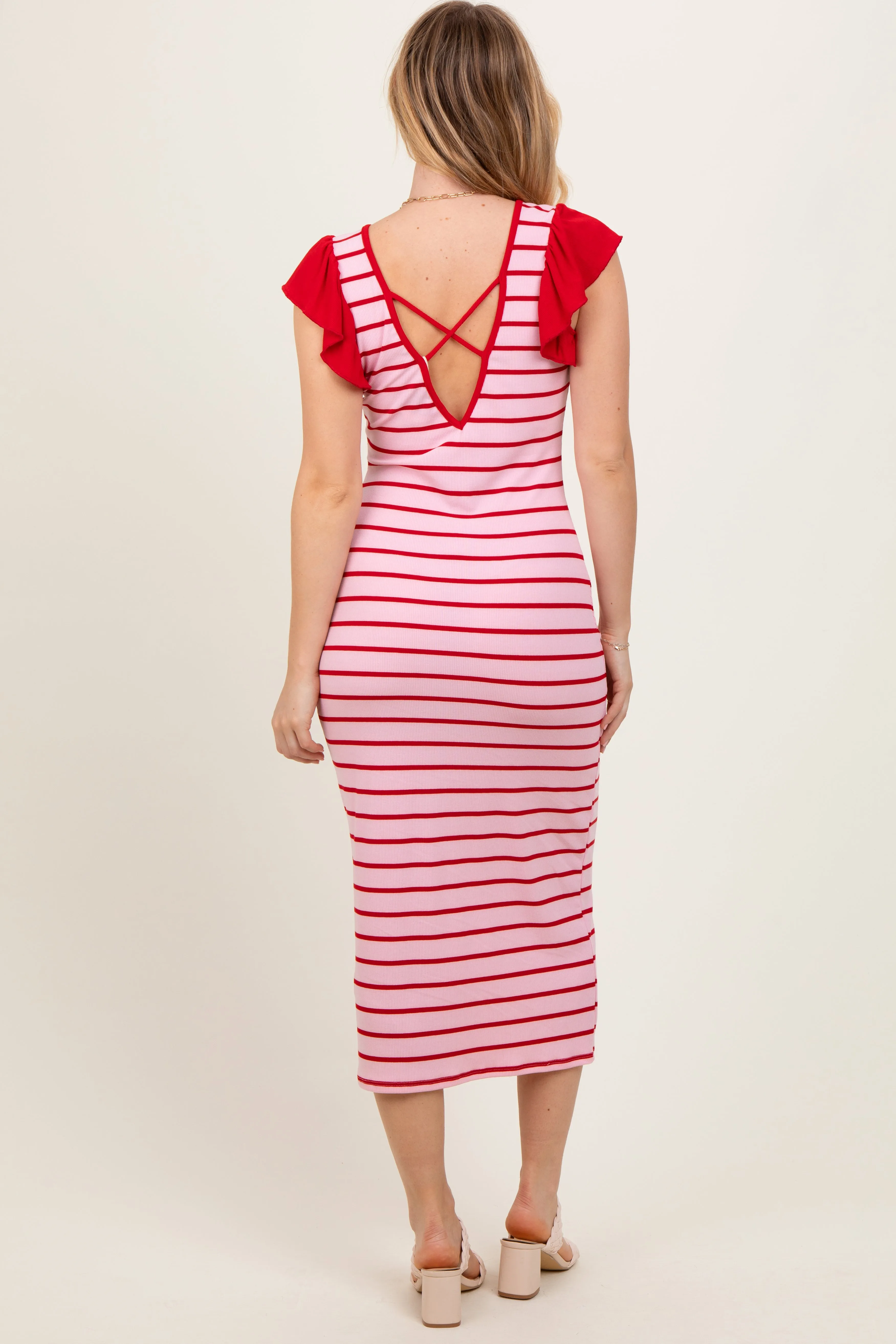 Light Pink Striped Ribbed Ruffle Sleeve Open Back Midi Dress sold by Pinkblush product image thumbnail 4