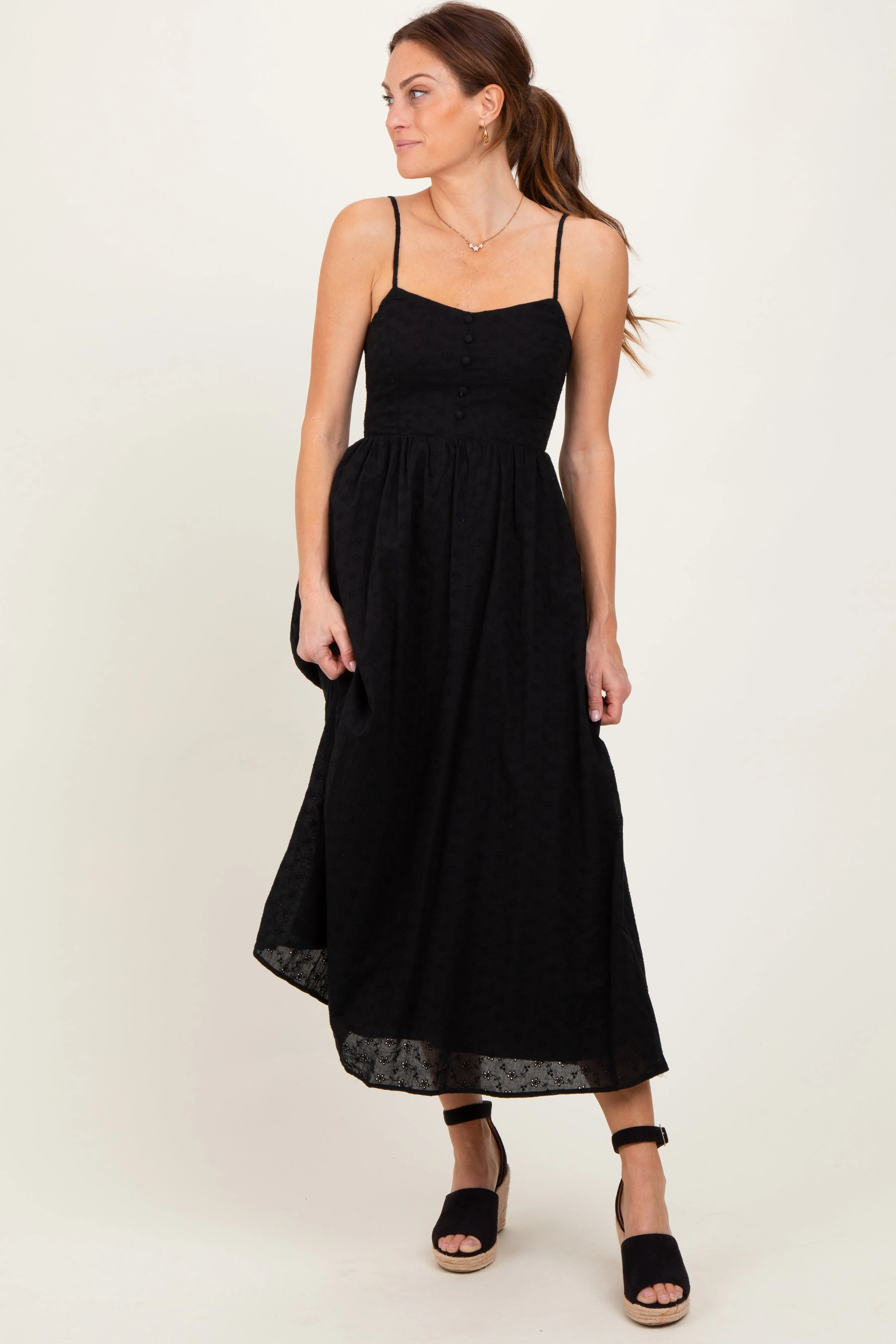 Black Eyelet Front Button Sleeveless Midi Dress sold by Pinkblush product image thumbnail 2