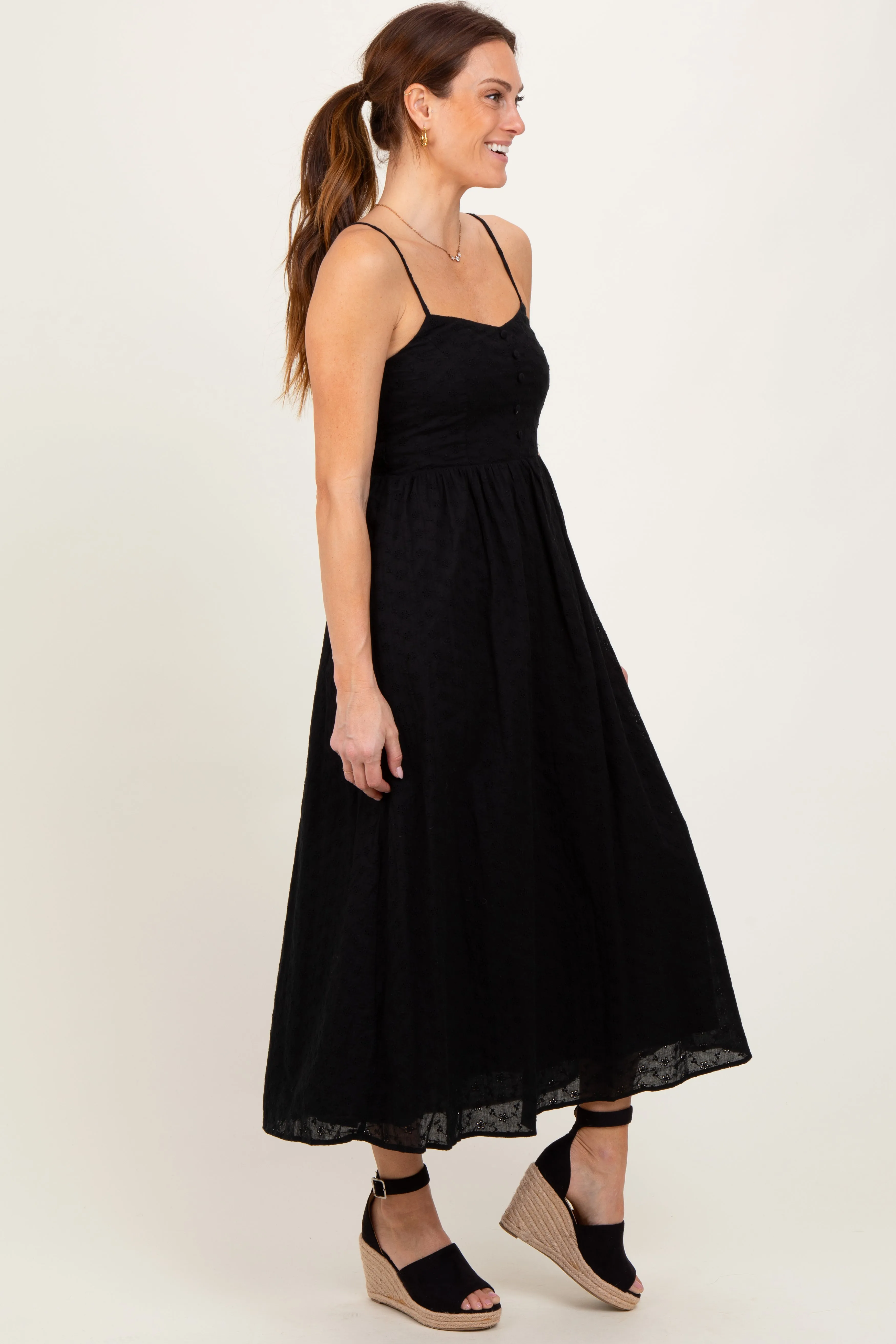 Black Eyelet Front Button Sleeveless Midi Dress sold by Pinkblush product image thumbnail 3