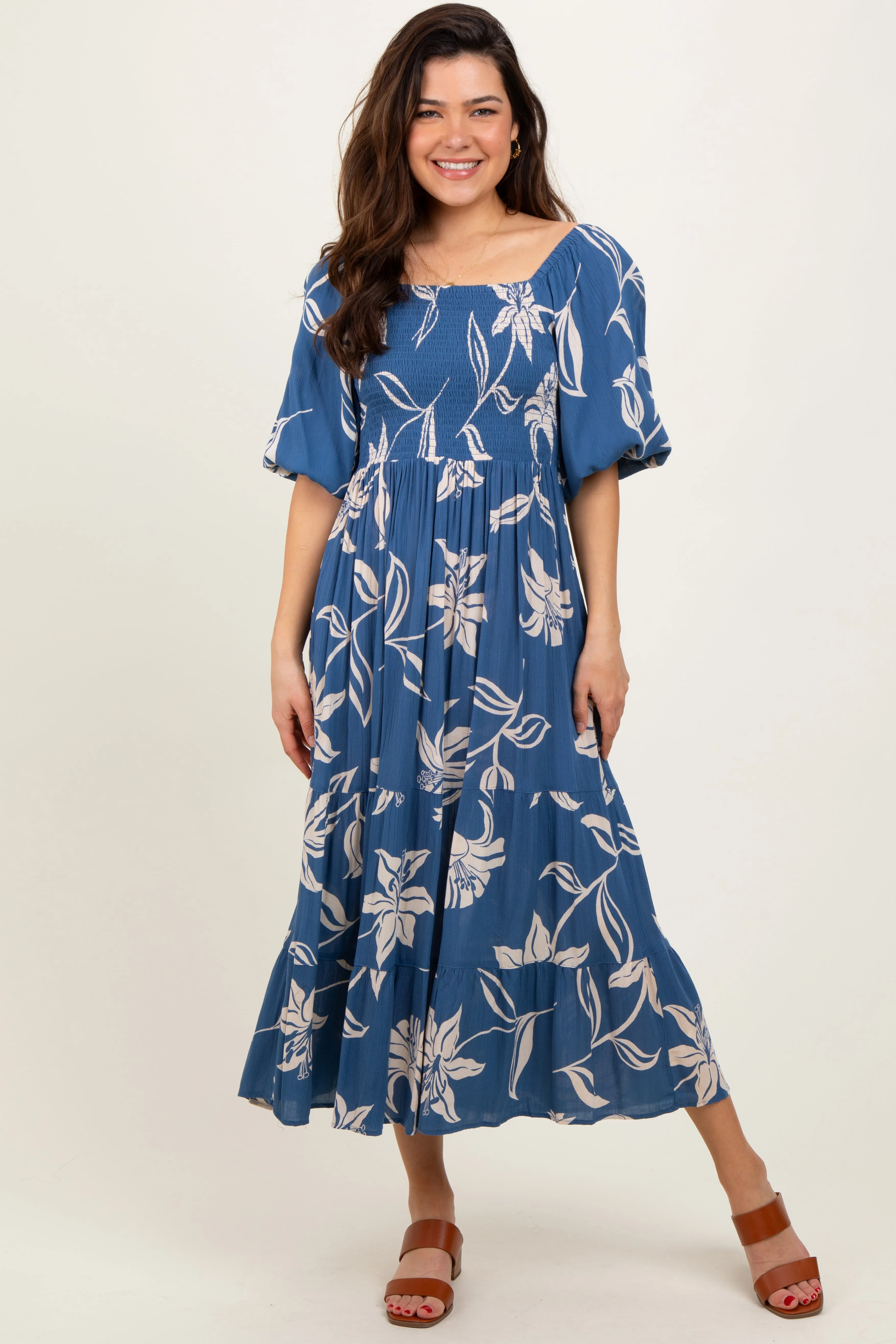 Blue Smocked Puff Sleeve Midi Dress sold by Pinkblush product image thumbnail 2