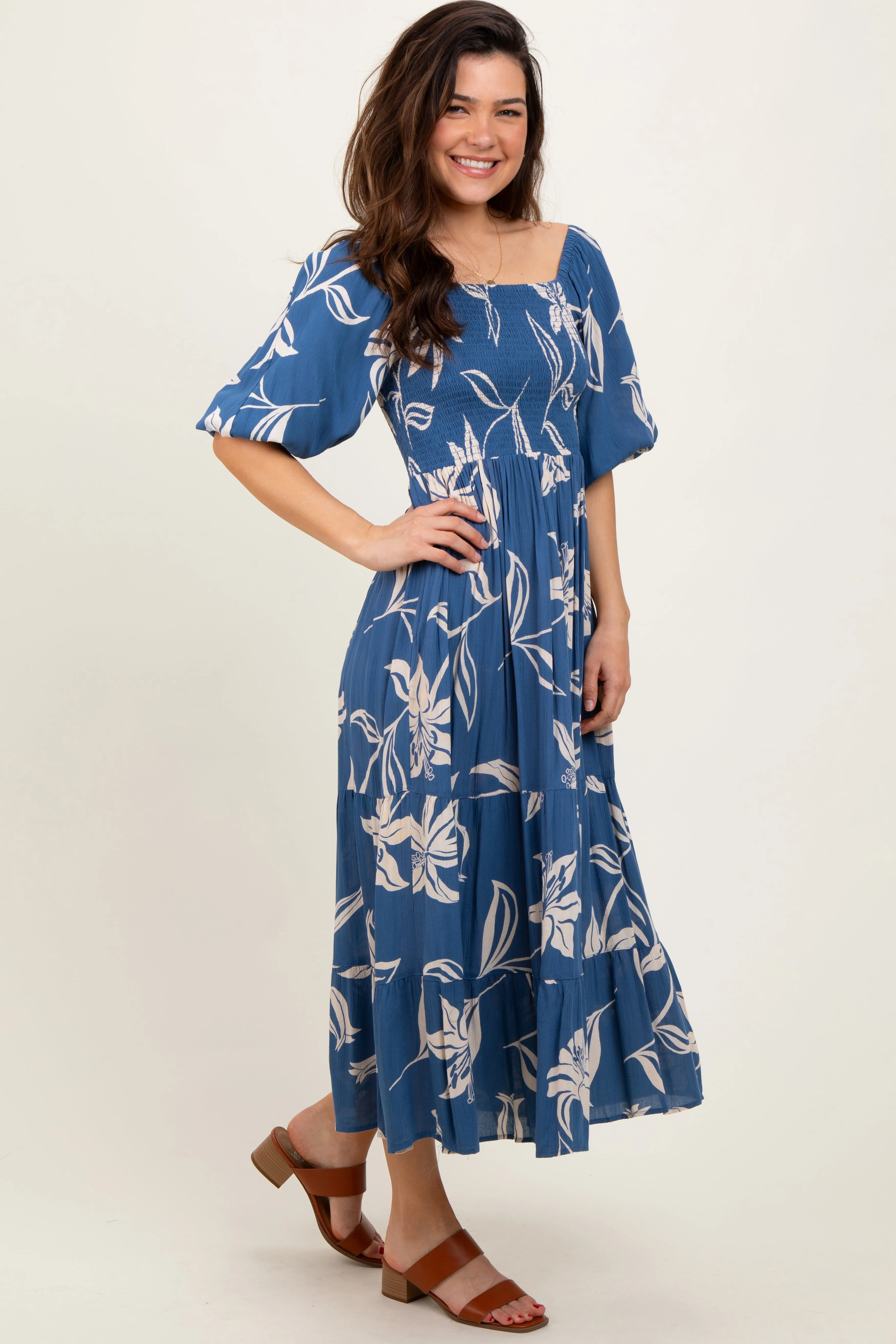 Blue Smocked Puff Sleeve Midi Dress sold by Pinkblush product image thumbnail 3