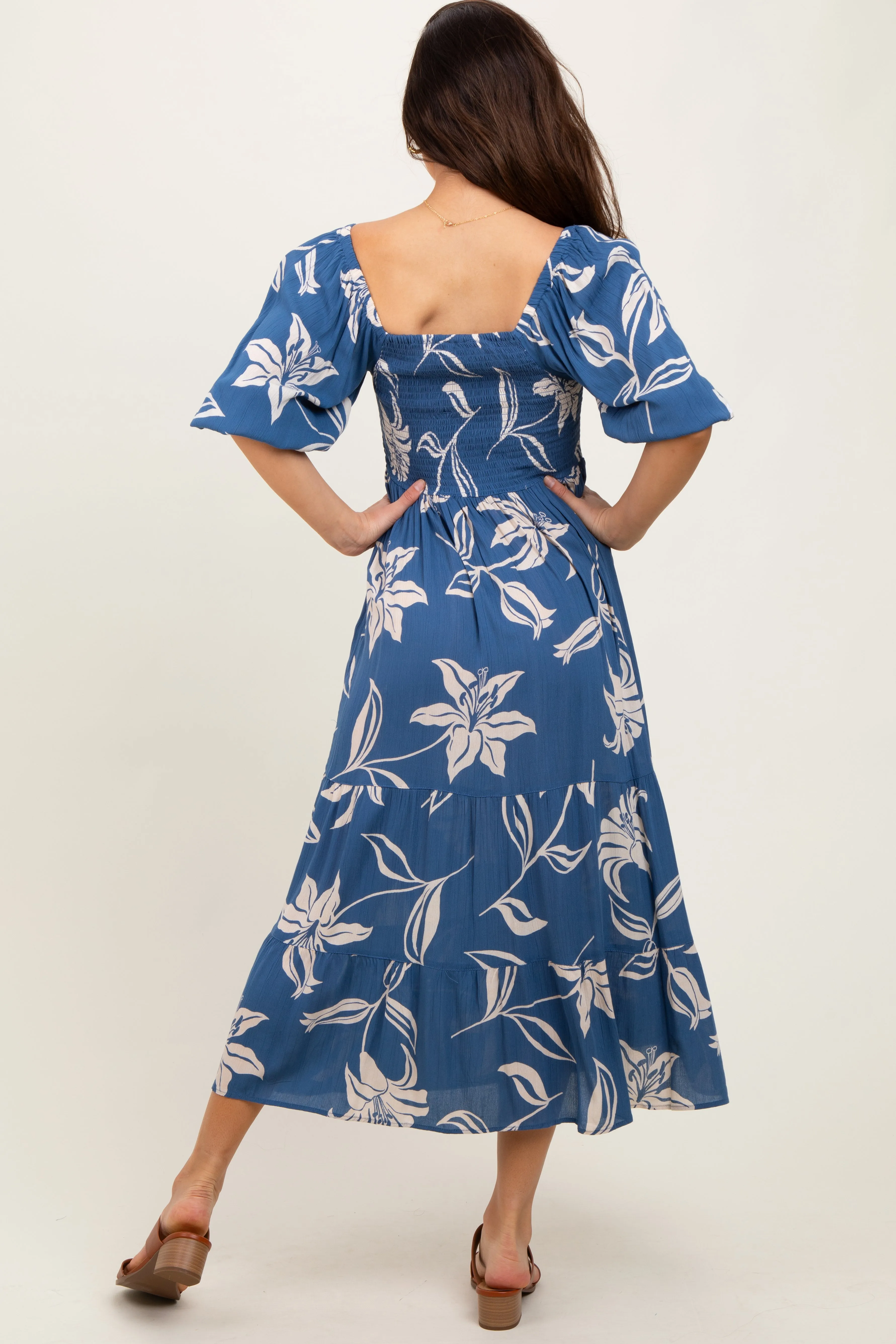 Blue Smocked Puff Sleeve Midi Dress sold by Pinkblush product image thumbnail 4