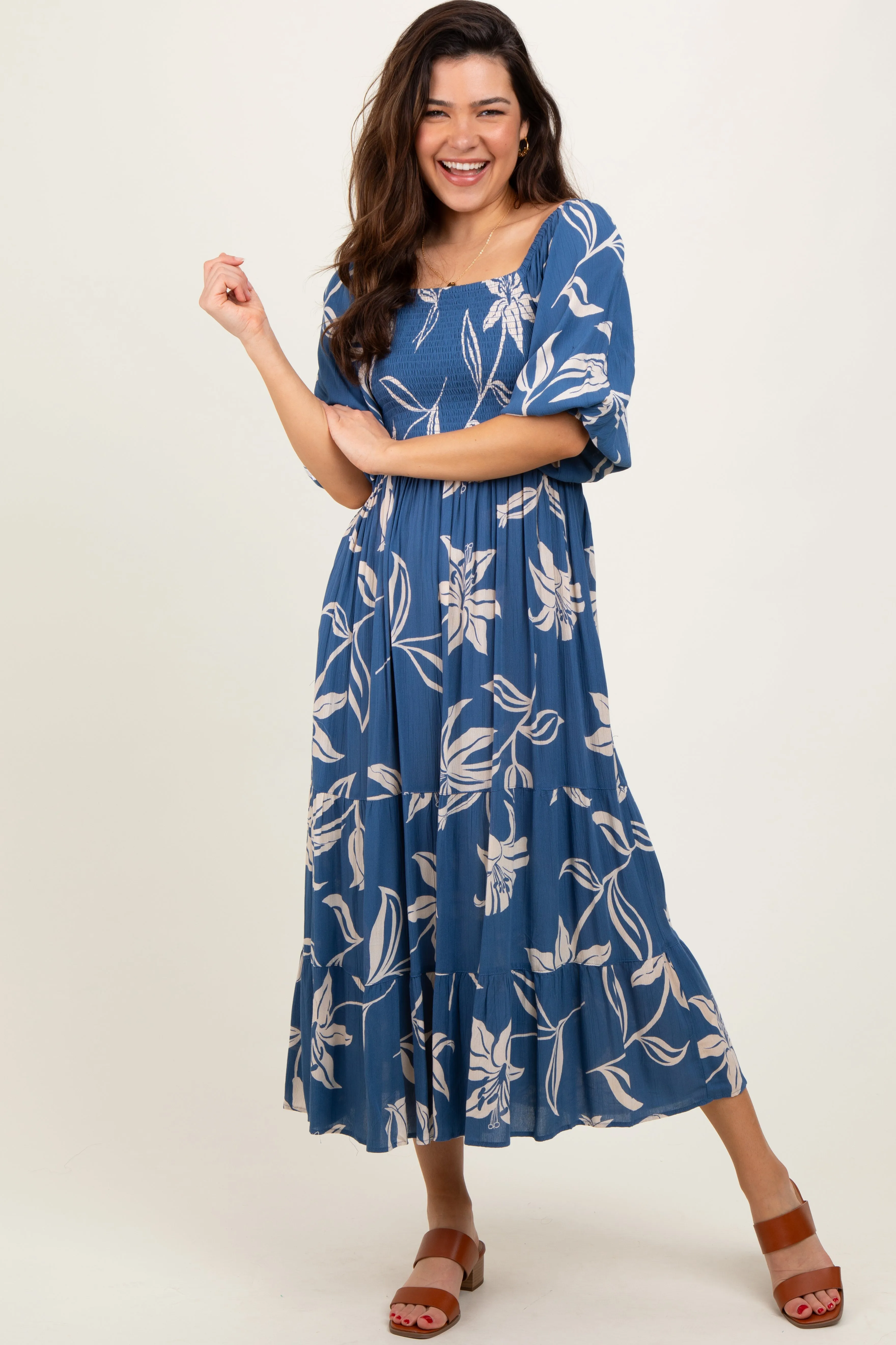 Blue Smocked Puff Sleeve Midi Dress sold by Pinkblush