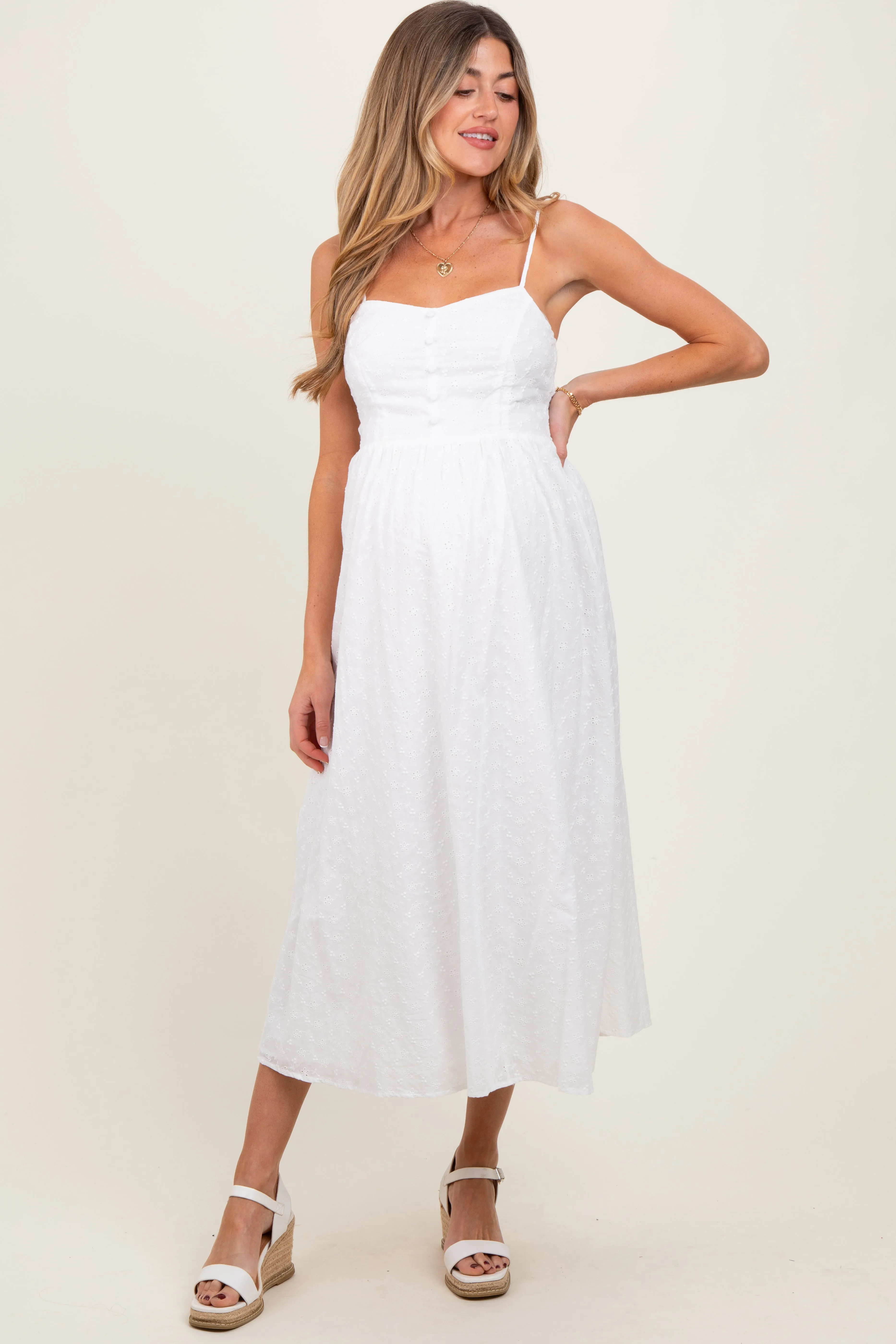 White Eyelet Front Button Sleeveless Maternity Midi Dress sold by Pinkblush