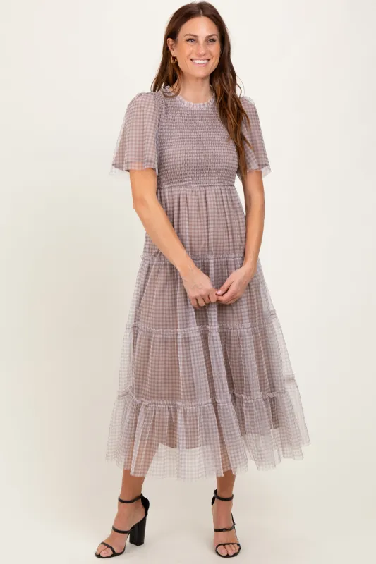 Grey Gingham Mesh Tiered Midi Dress sold by Pinkblush