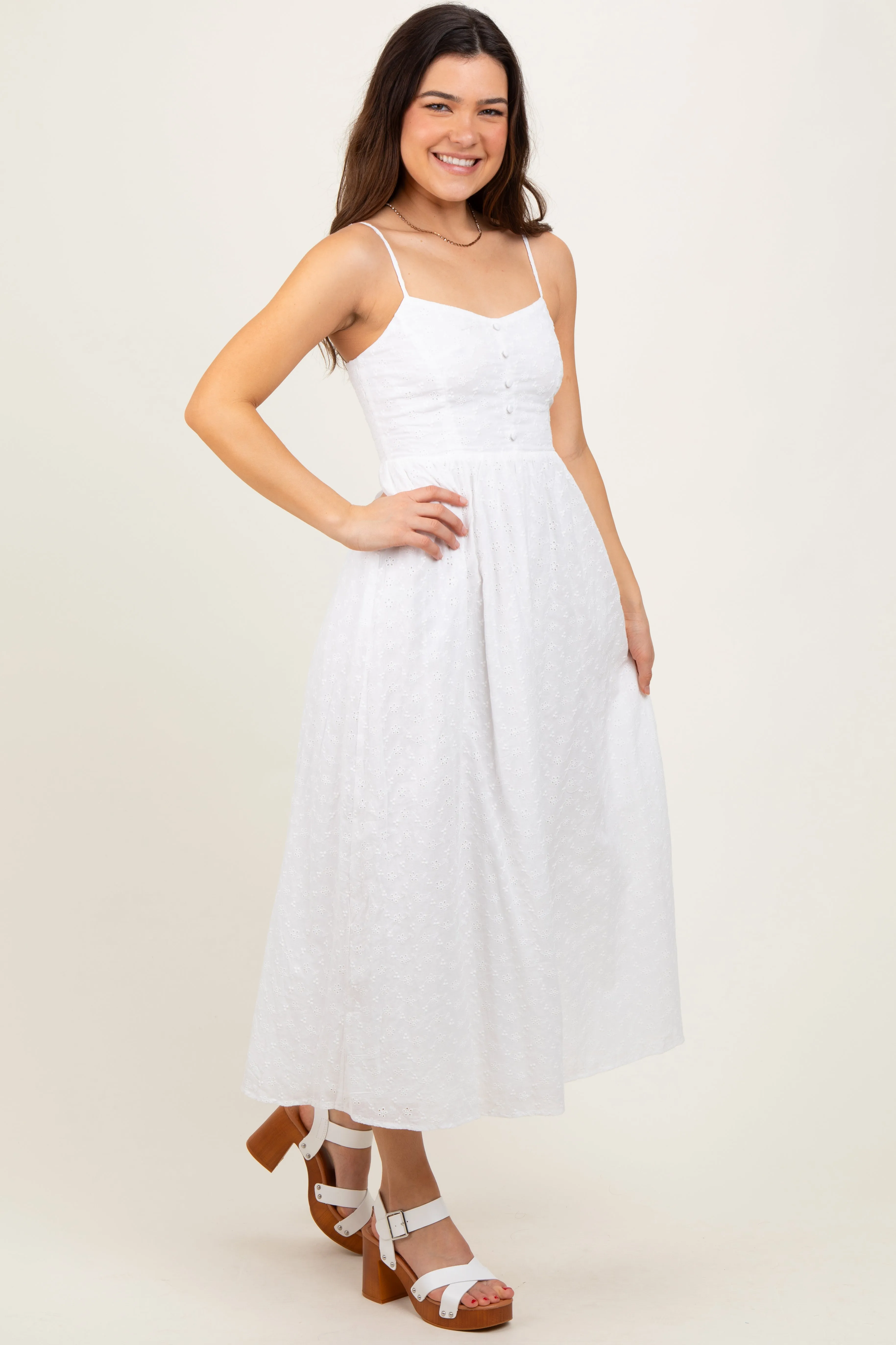 White Eyelet Front Button Sleeveless Midi Dress sold by Pinkblush product image thumbnail 3