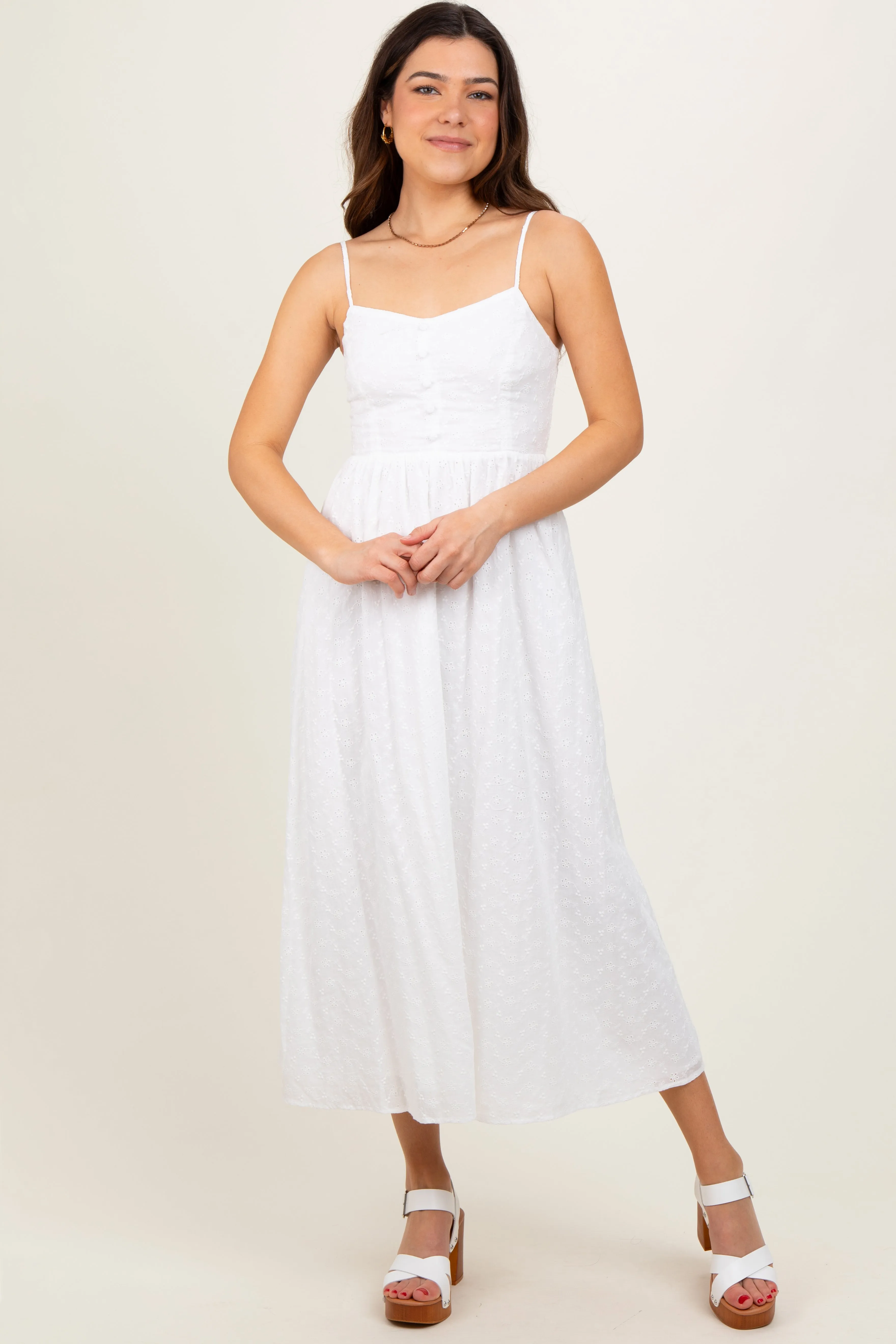 White Eyelet Front Button Sleeveless Midi Dress sold by Pinkblush