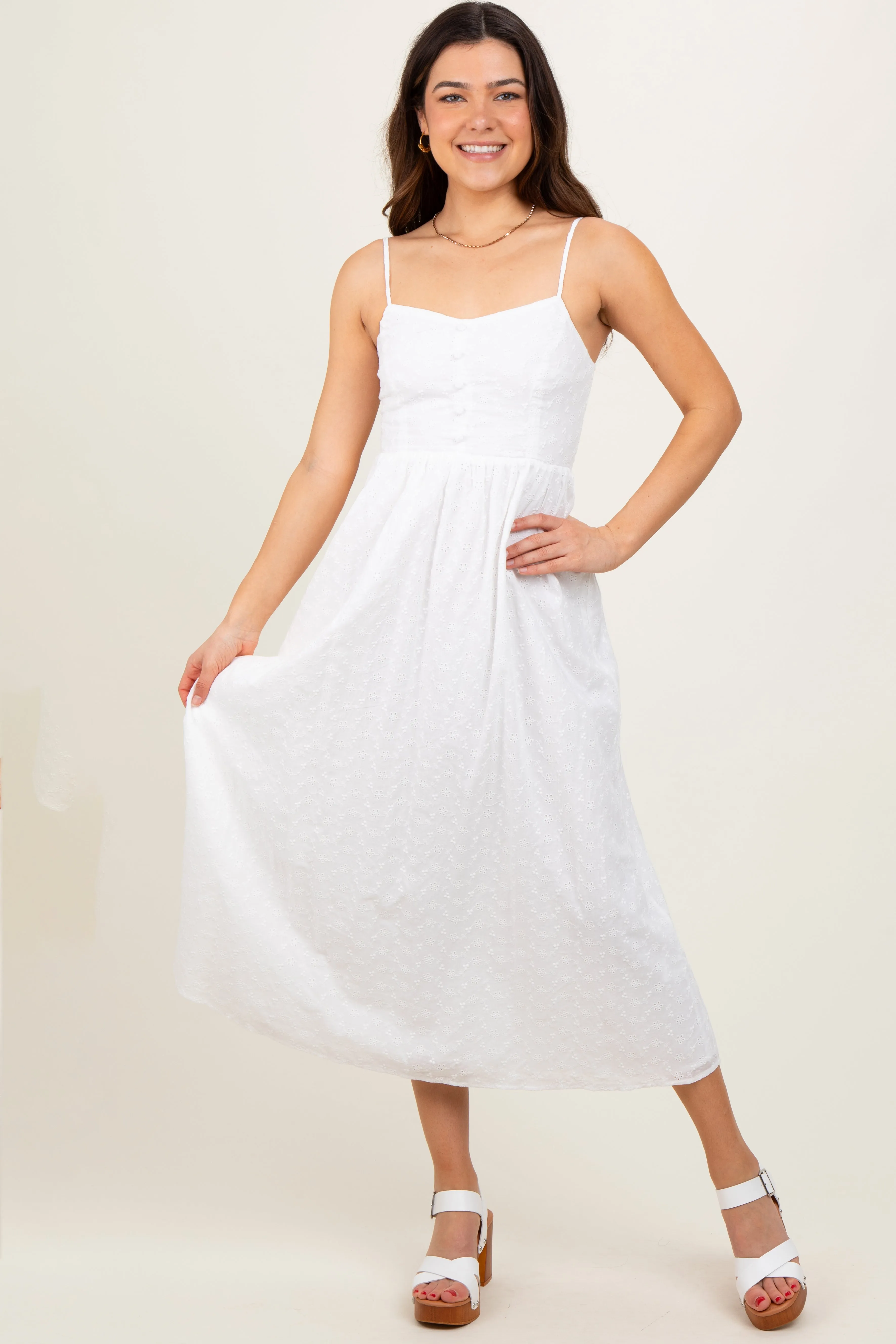 White Eyelet Front Button Sleeveless Midi Dress sold by Pinkblush product image thumbnail 2