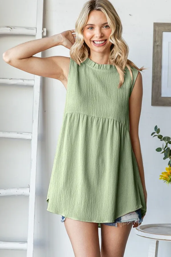 Light Olive Ruffle Mock Neck Sleeveless Blouse sold by Pinkblush