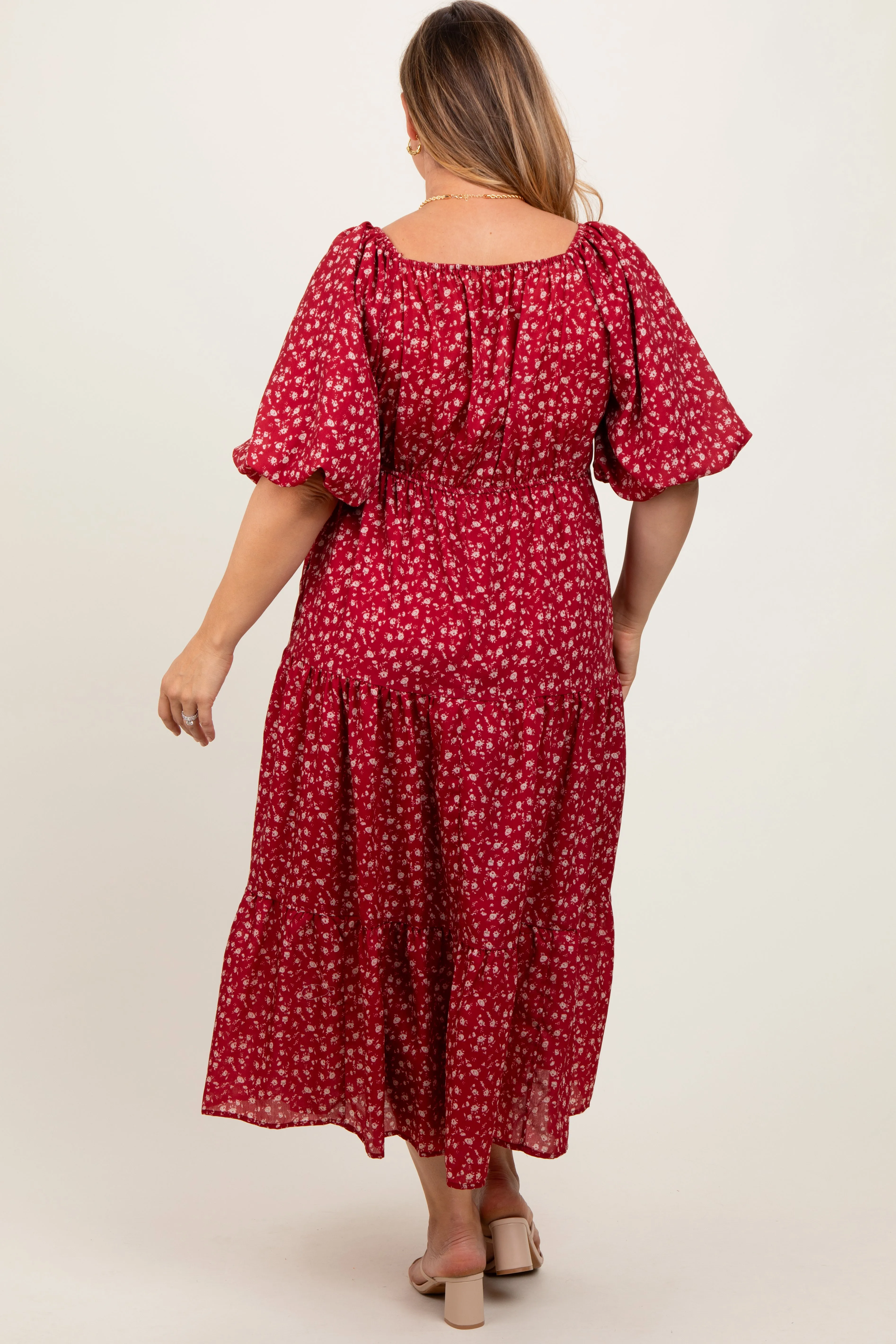 Red Floral Puff Sleeve Tiered Maternity Plus Maxi Dress sold by Pinkblush product image thumbnail 3