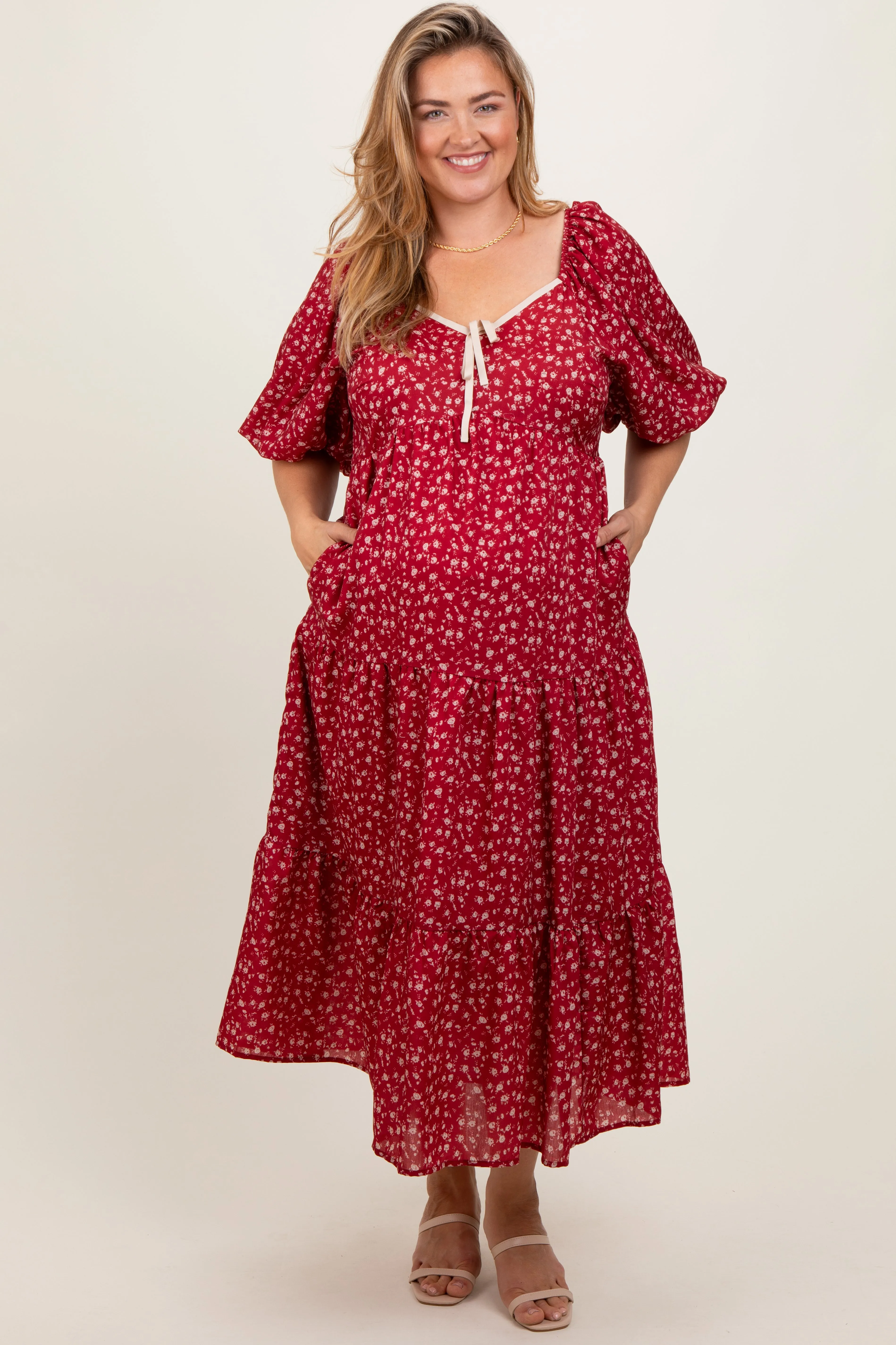 Red Floral Puff Sleeve Tiered Maternity Plus Maxi Dress sold by Pinkblush