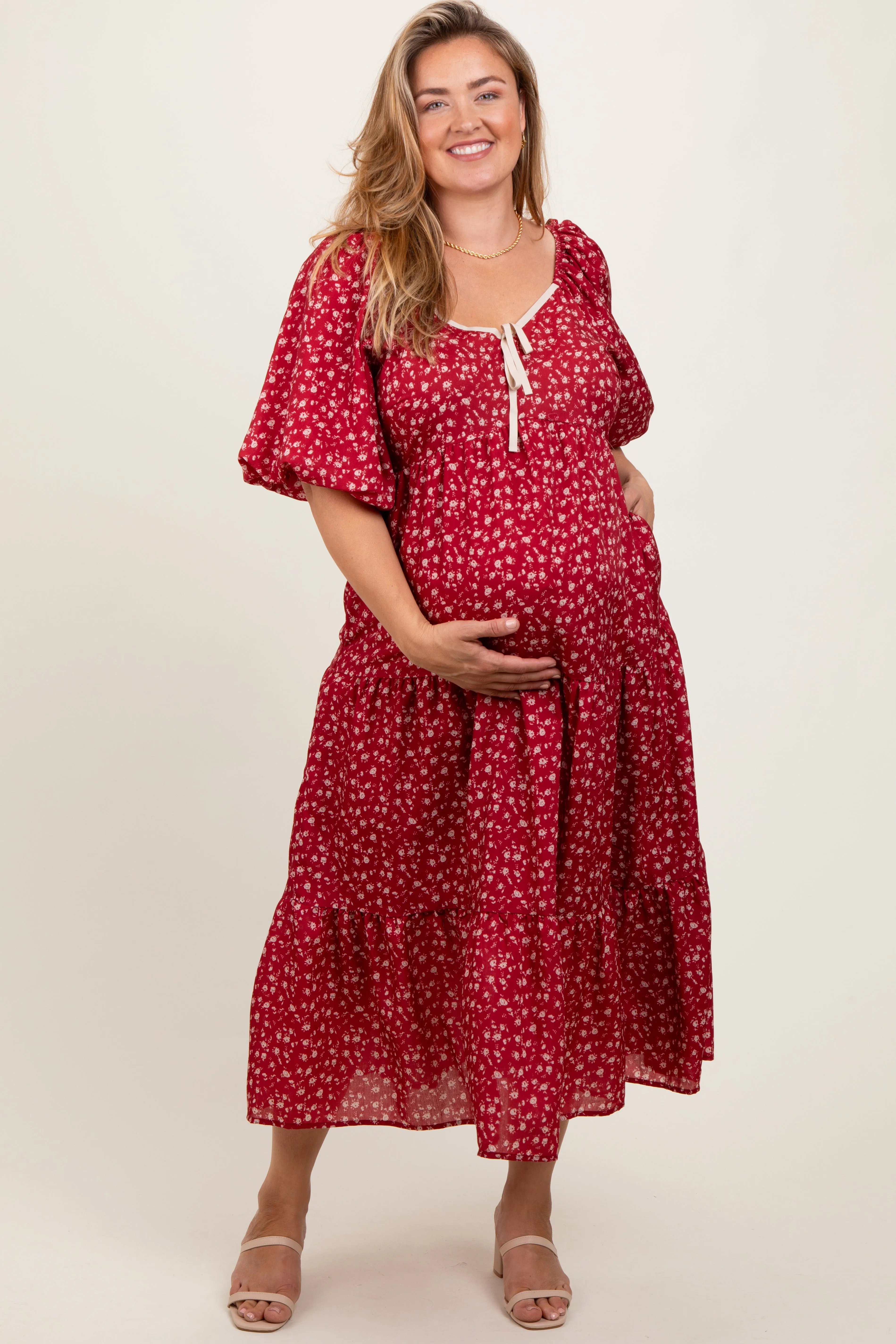 Red Floral Puff Sleeve Tiered Maternity Plus Maxi Dress sold by Pinkblush product image thumbnail 2