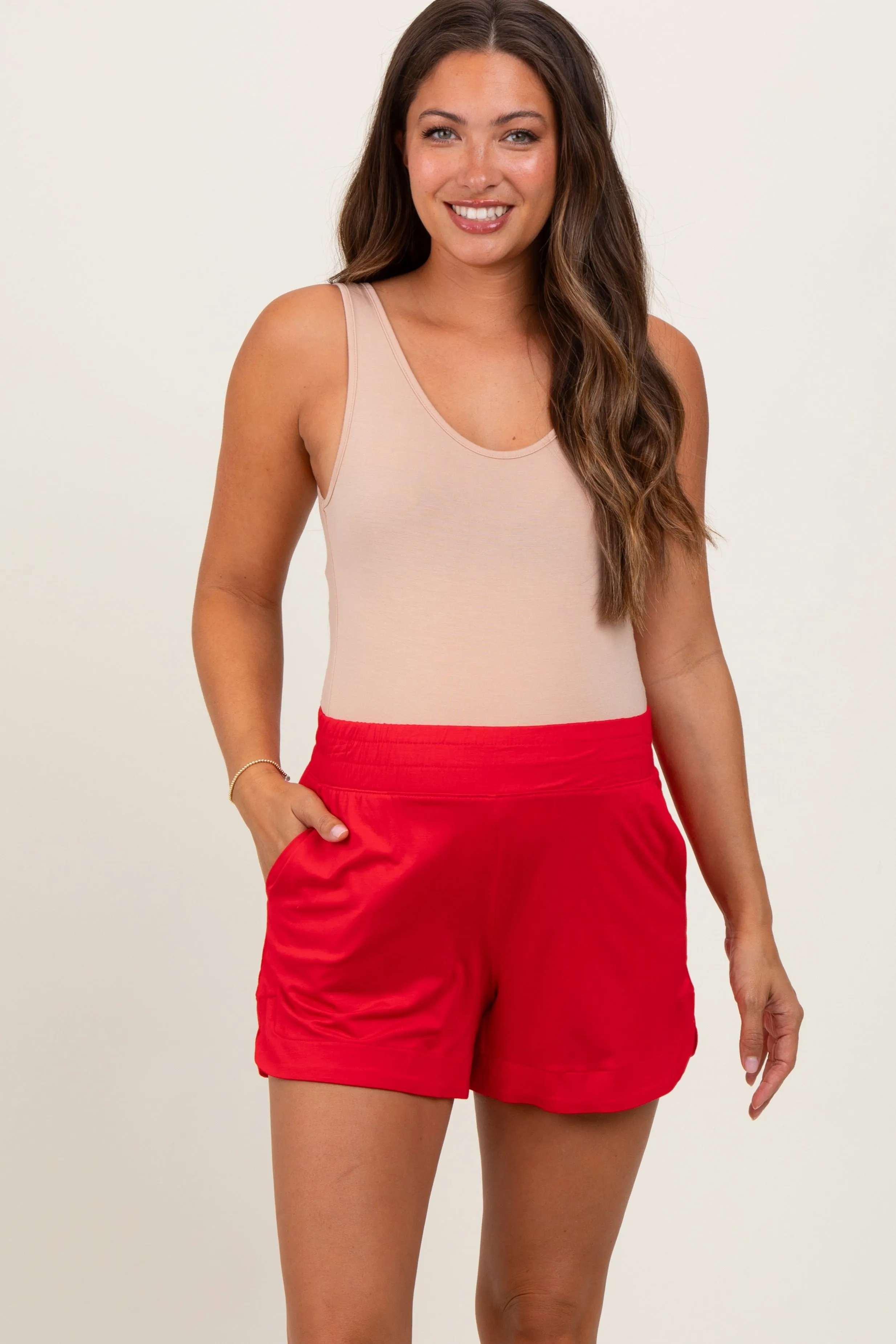 Red Basic Rounded Hem Maternity Shorts sold by Pinkblush
