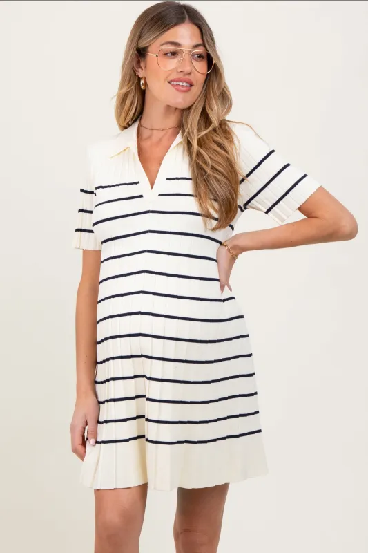 White Striped Knit Collared Pleated Maternity Dress sold by Pinkblush