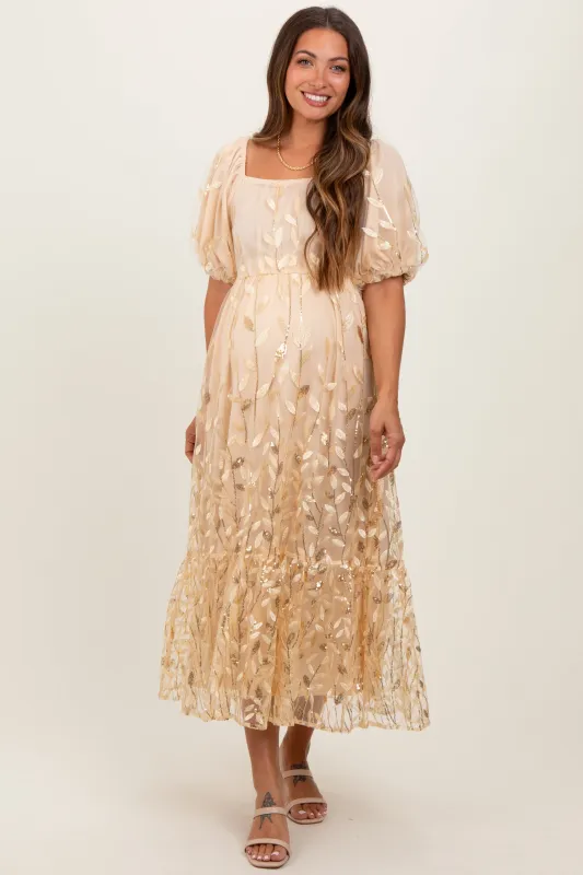 Cream Embroidered Sequin Detail Mesh Overlay Maternity Maxi Dress sold by Pinkblush