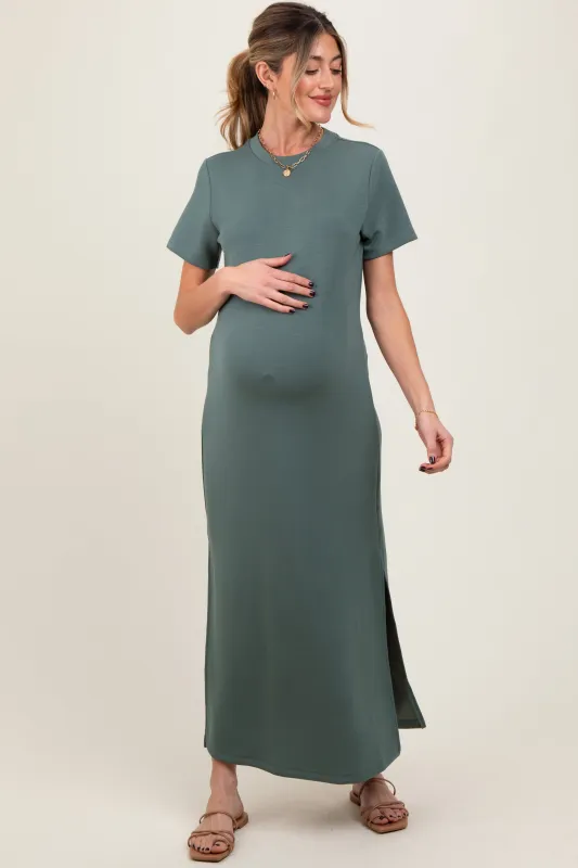 Light Olive Basic Side Slit Short Sleeve Maternity Midi Dress sold by Pinkblush