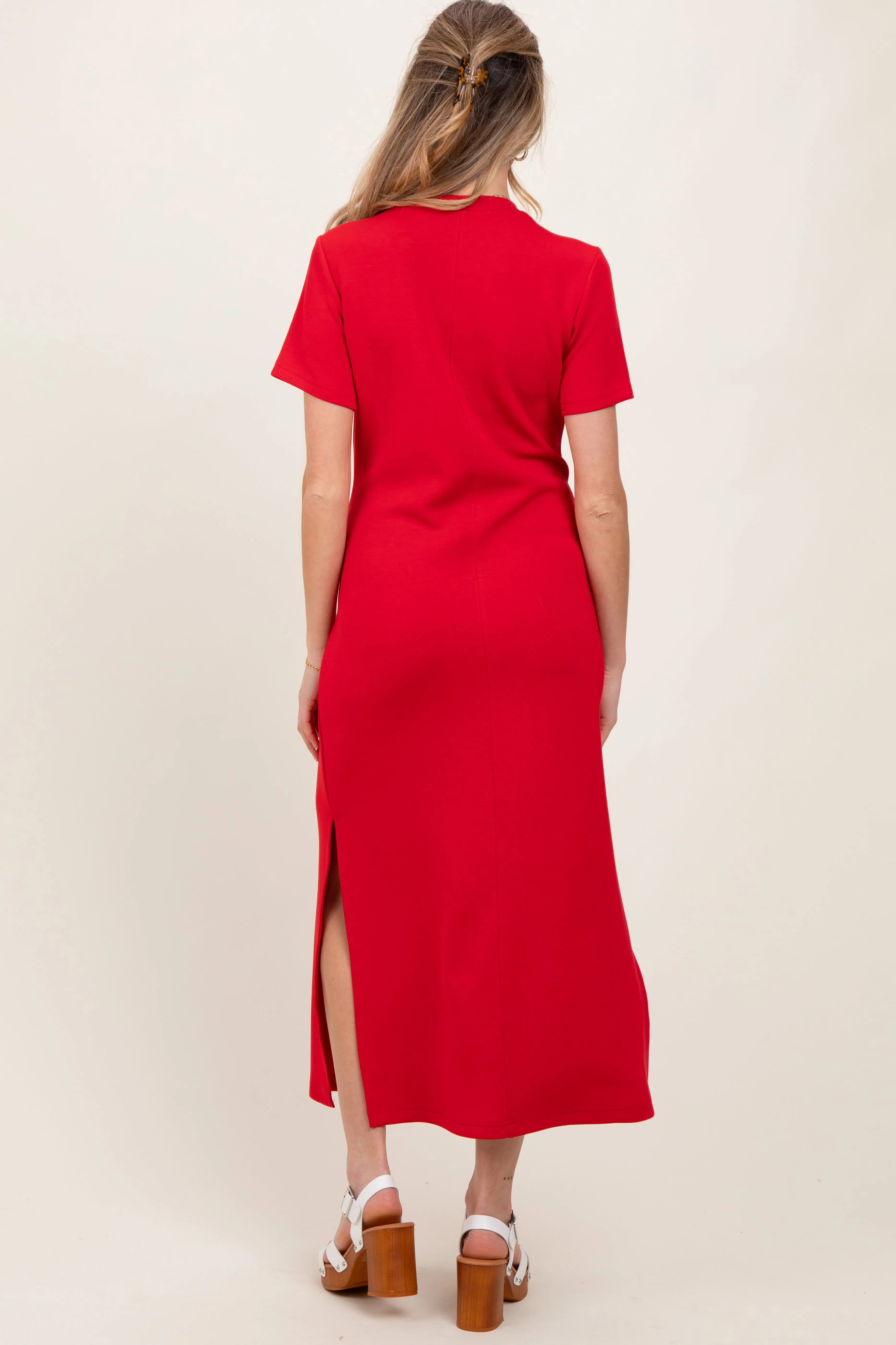 Red Basic Side Slit Short Sleeve Maternity Midi Dress sold by Pinkblush product image thumbnail 4