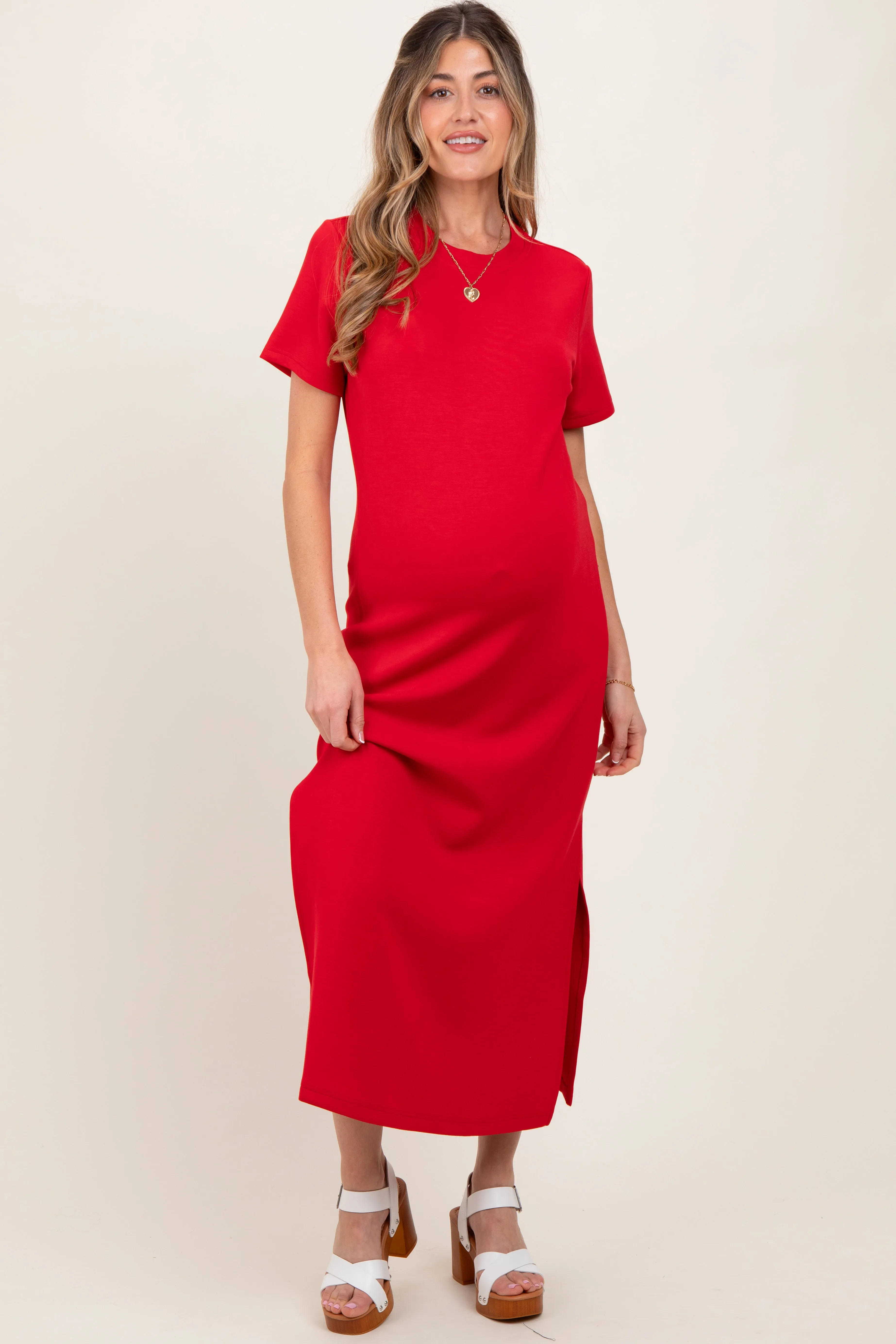 Red Basic Side Slit Short Sleeve Maternity Midi Dress sold by Pinkblush
