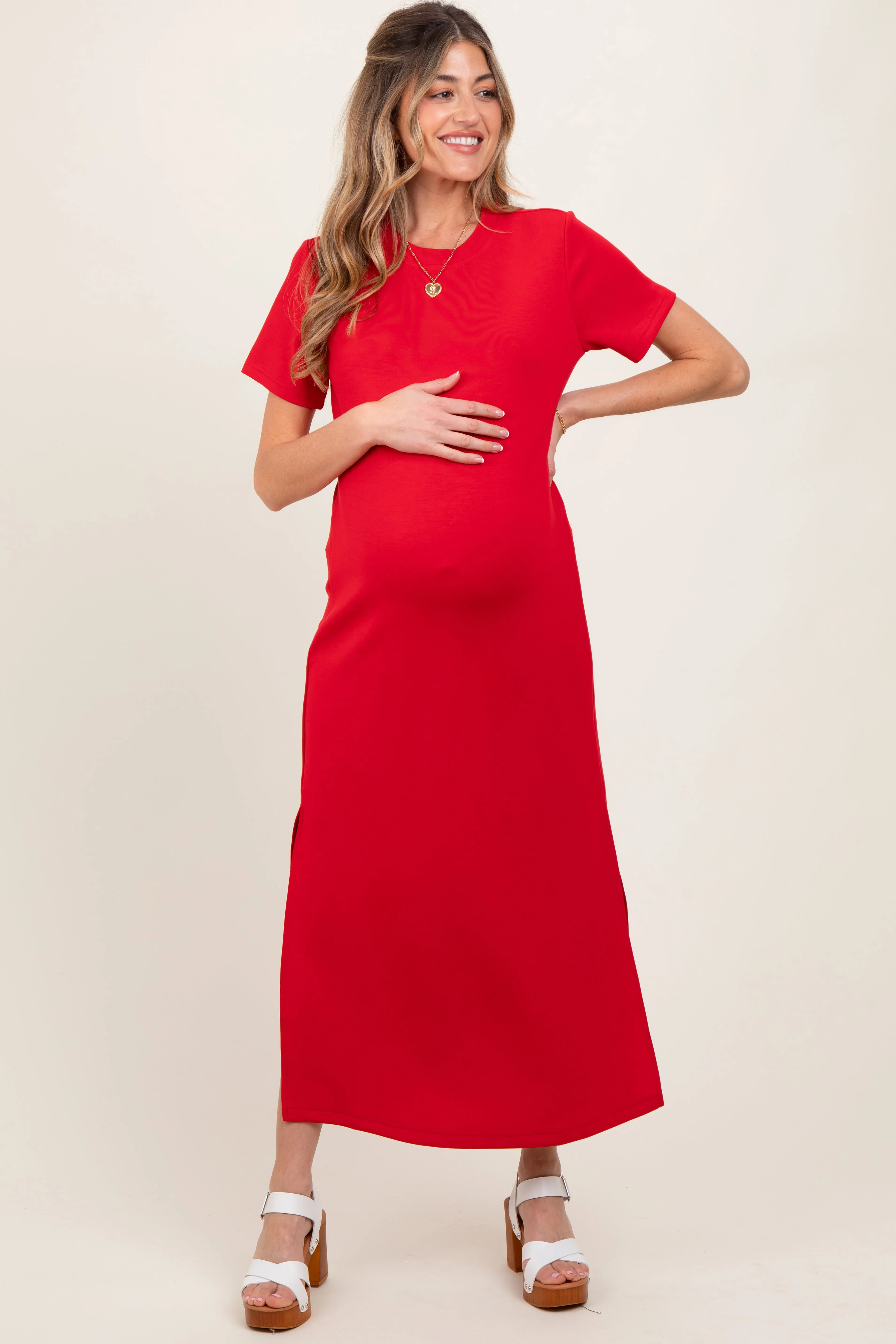 Red Basic Side Slit Short Sleeve Maternity Midi Dress sold by Pinkblush product image thumbnail 2