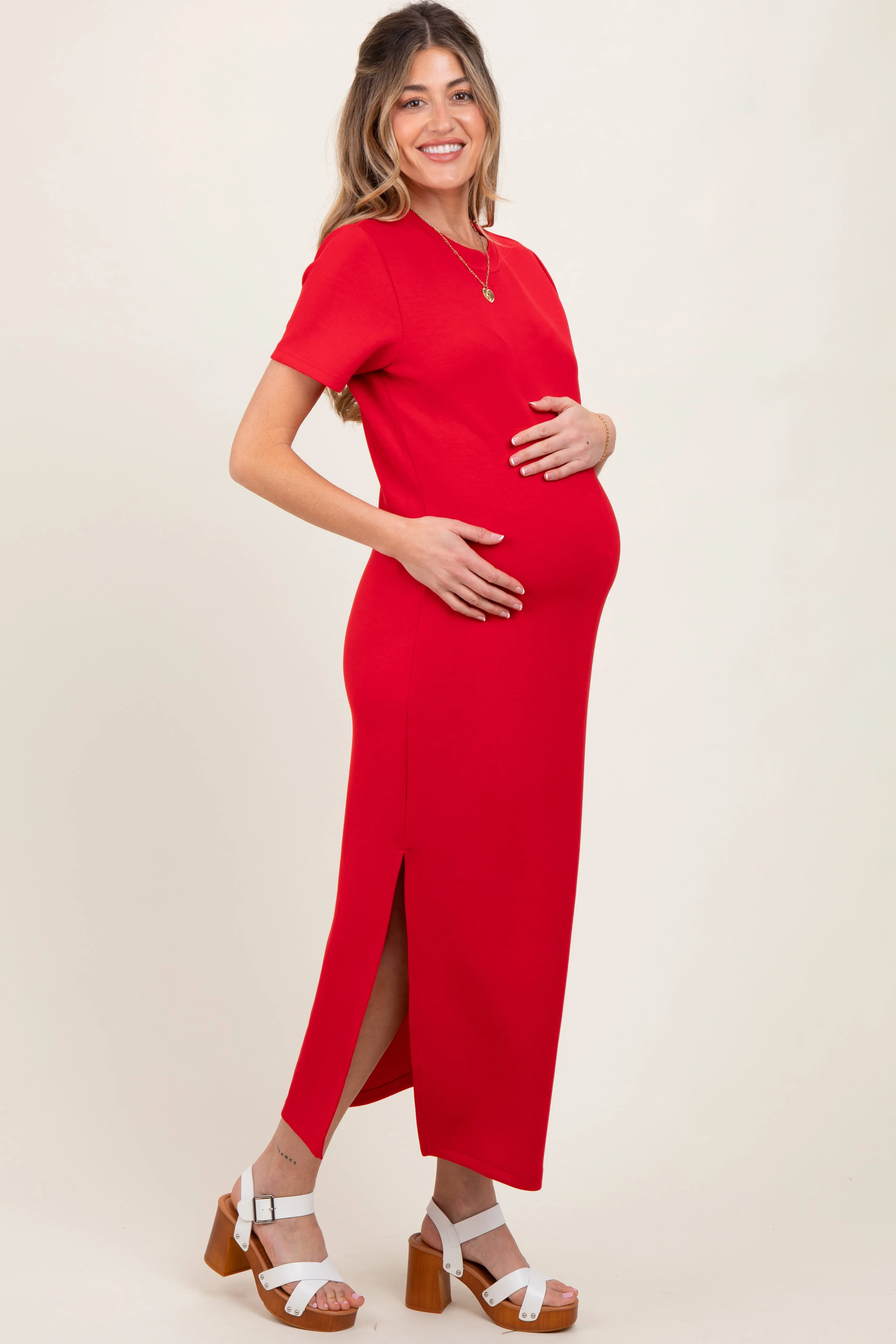 Red Basic Side Slit Short Sleeve Maternity Midi Dress sold by Pinkblush product image thumbnail 3