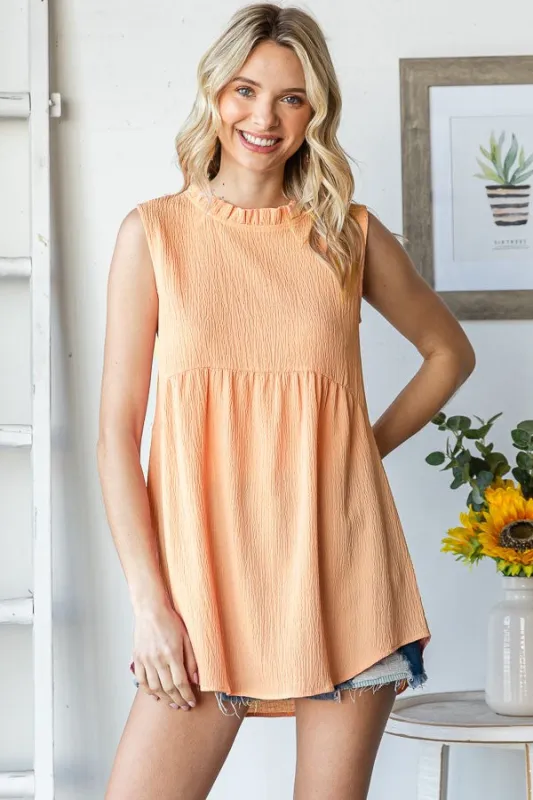 Peach Ruffle Mock Neck Sleeveless Blouse sold by Pinkblush