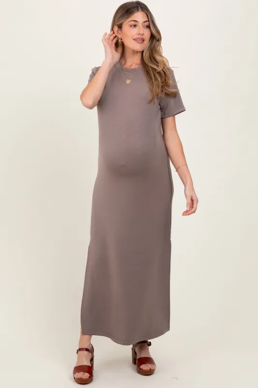 Taupe Basic Side Slit Short Sleeve Maternity Midi Dress sold by Pinkblush