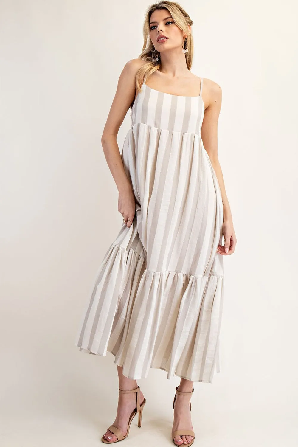 Beige Wide Stripe Linen Blend Sleeveless Maxi Dress sold by Pinkblush