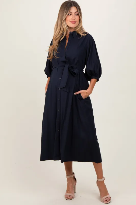 Navy 3/4 Bubble Sleeve Maternity Midi Shirt Dress sold by Pinkblush