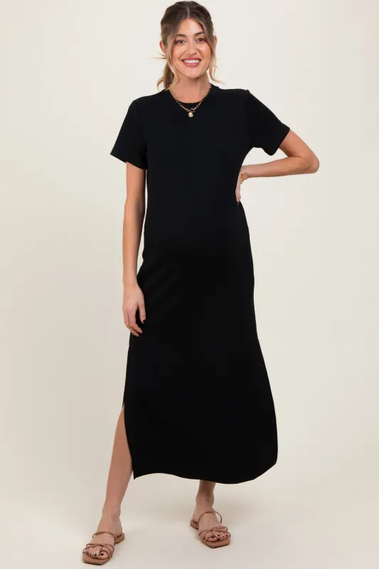 Black Basic Side Slit Short Sleeve Maternity Midi Dress sold by Pinkblush