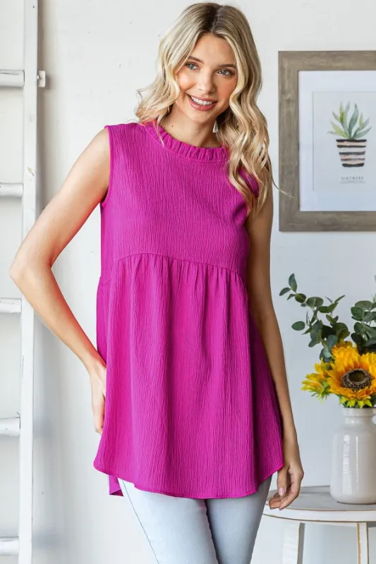 Magenta Ruffle Mock Neck Sleeveless Blouse sold by Pinkblush
