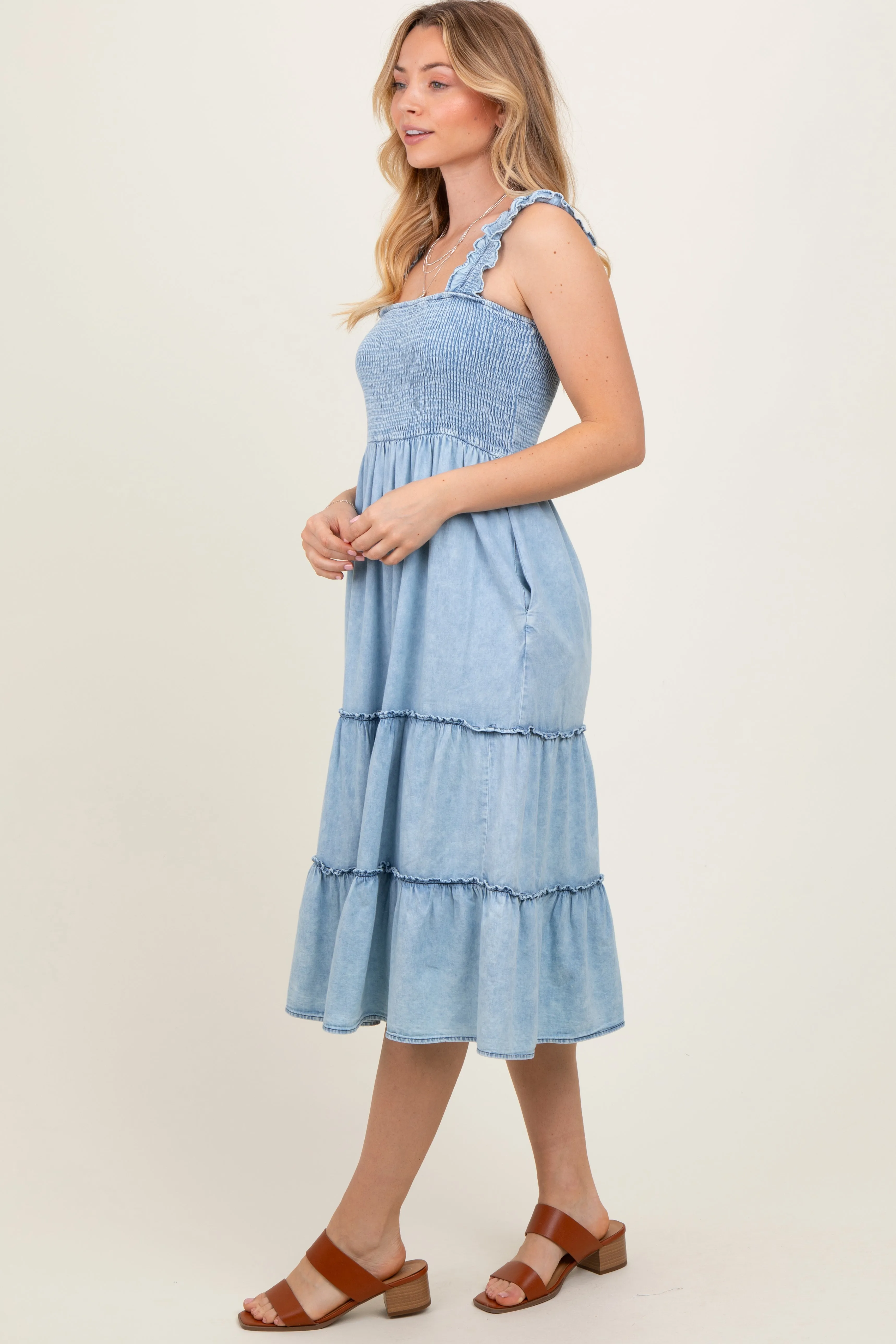 Light Blue Chambray Smocked Ruffle Tiered Midi Dress sold by Pinkblush product image thumbnail 3