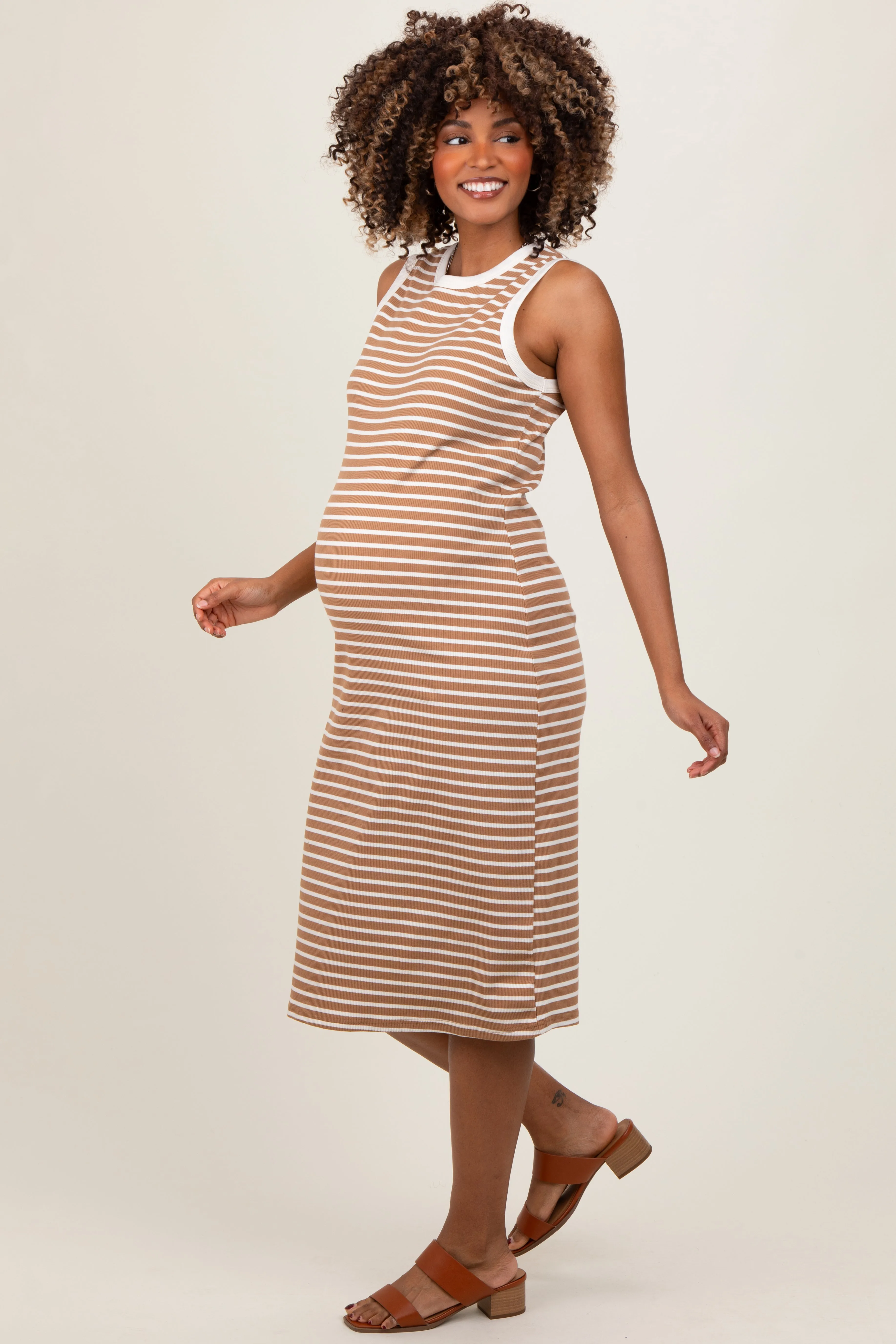 Mocha Striped Ribbed Knit Sleeveless Maternity Midi Dress sold by Pinkblush product image thumbnail 2