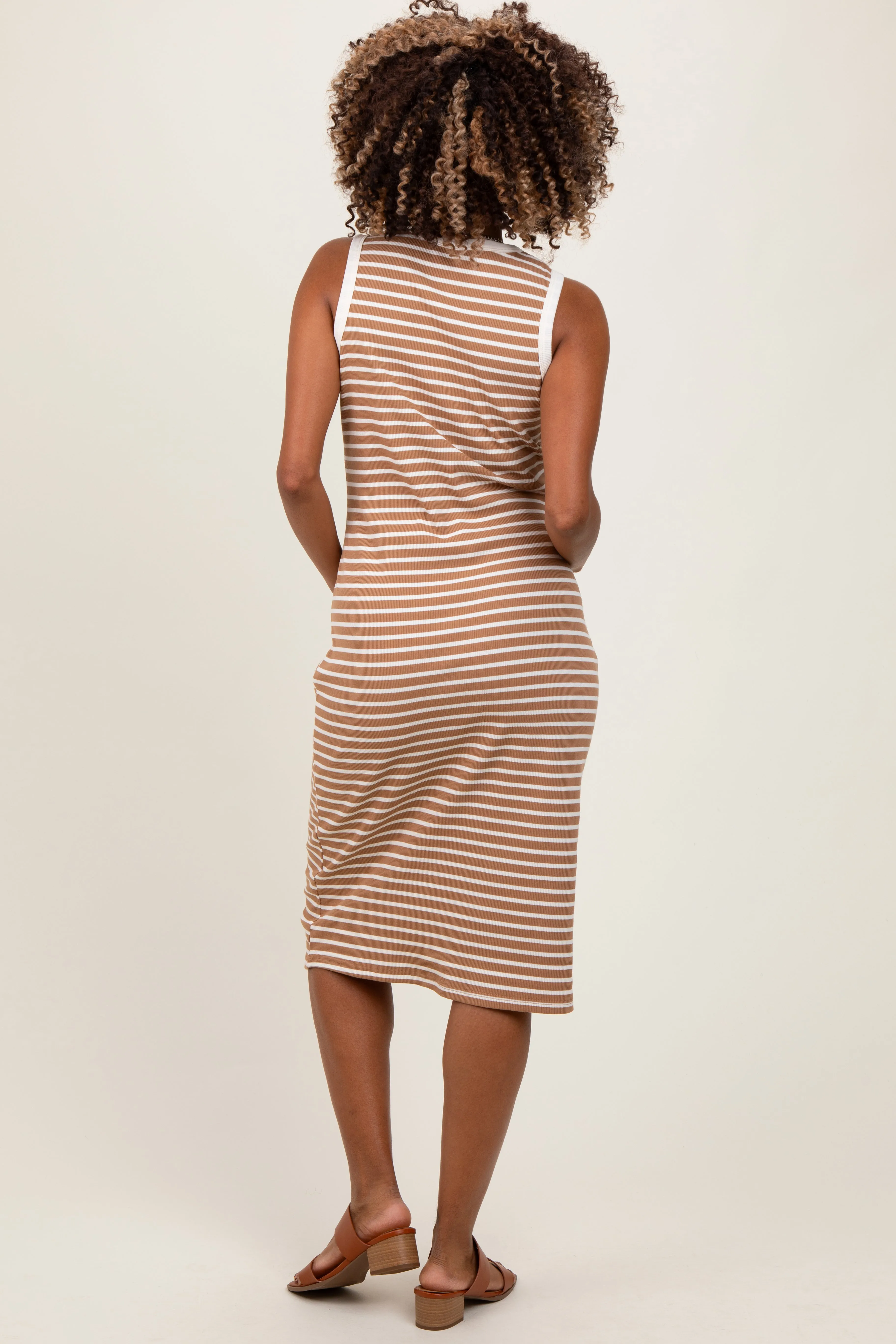 Mocha Striped Ribbed Knit Sleeveless Maternity Midi Dress sold by Pinkblush product image thumbnail 3