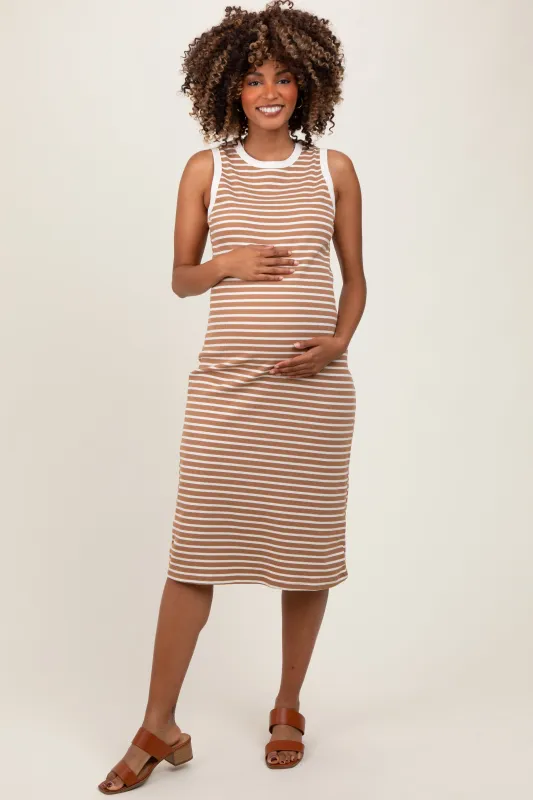 Mocha Striped Ribbed Knit Sleeveless Maternity Midi Dress sold by Pinkblush