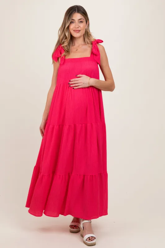 Red Shoulder Tie Tiered Maternity Maxi Dress sold by Pinkblush