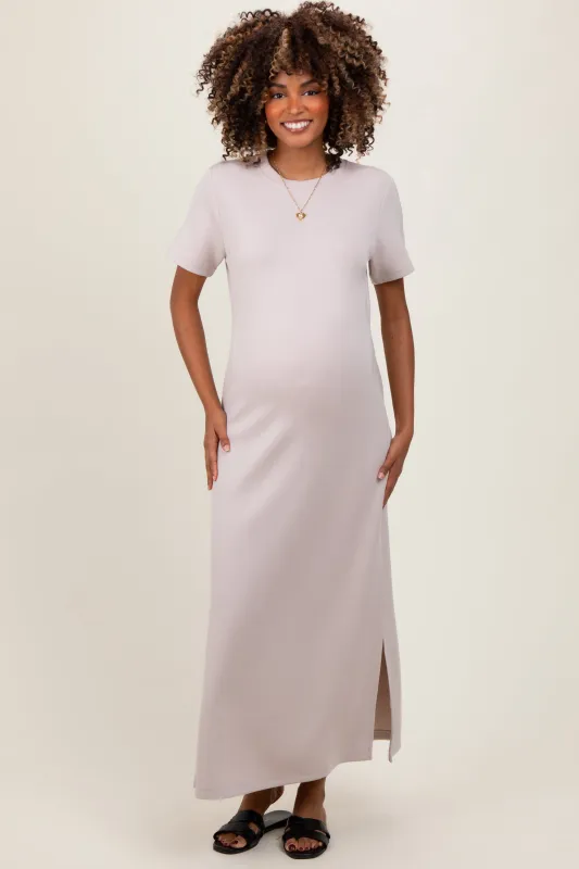 Cream Basic Side Slit Short Sleeve Maternity Midi Dress sold by Pinkblush