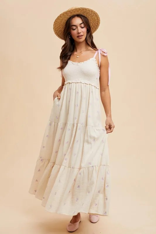 Cream Embroidered Smocked Shoulder Tie Maxi Dress sold by Pinkblush