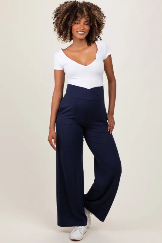 Navy Crossover Waist Active Wide Leg Maternity Pant sold by Pinkblush