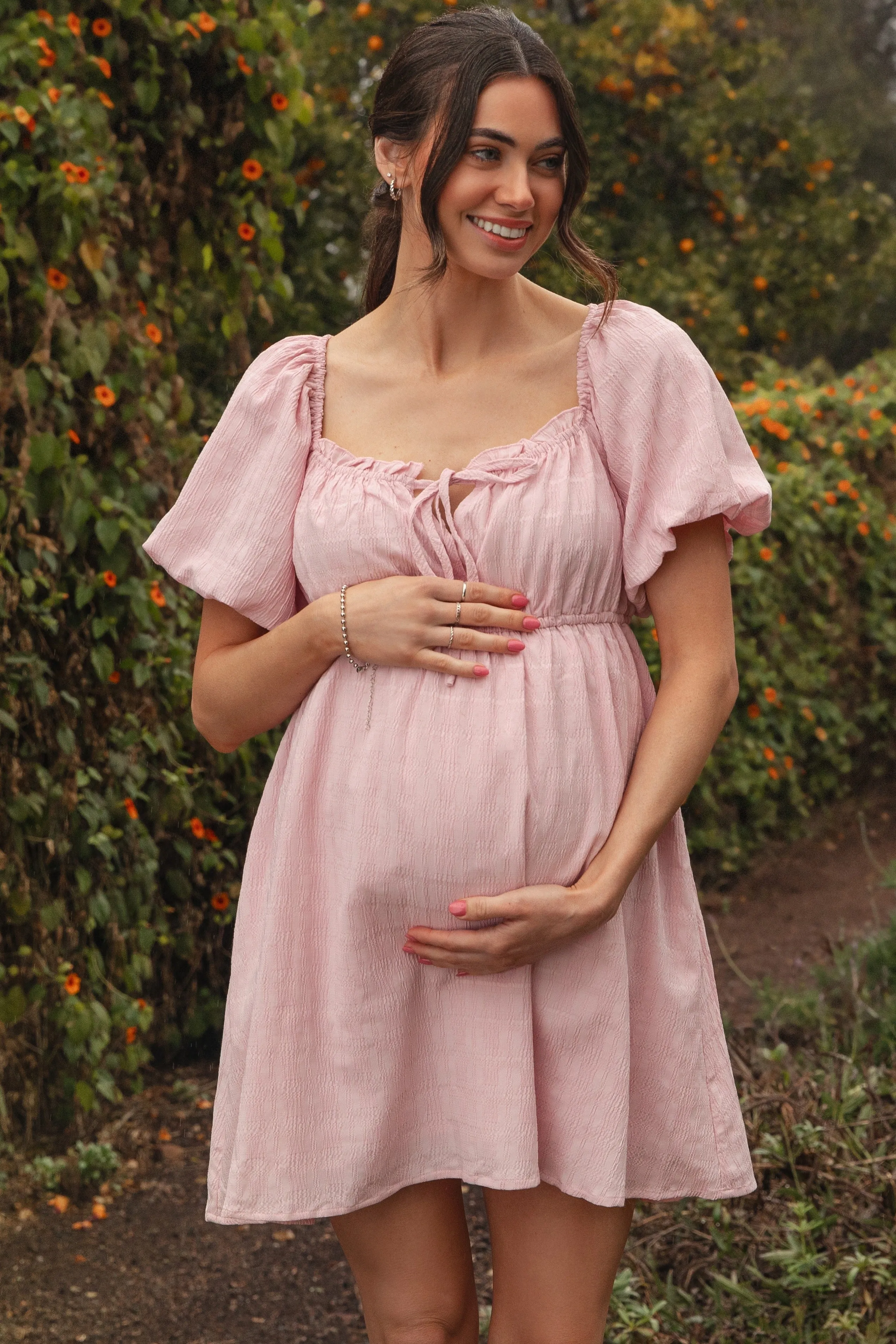Pink Textured Bubble Sleeve Maternity Mini Dress sold by Pinkblush product image thumbnail 5